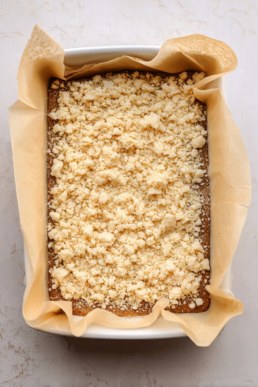 Vegan Pumpkin Crumble Bars, Pumpkin Crumble Bars, Vegan Autumn Desserts, Vegan Pumpkin Bars, Plant-Based Pumpkin Treats - A rectangular dessert with two main layers sits inside a white baking dish lined with beige parchment paper. The bottom layer is a dense, medium brown base, smooth in texture. The top layer is made of scattered crumbly pieces in pale yellow and off-white colors, giving a rough and irregular look. The edges of the parchment paper fold up and around the dessert, creating a soft border. The whole dish rests on a white marbled surface. photo taken with an iphone --ar 2:3 --v 7