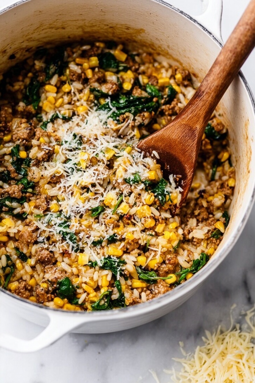 One-Pot Sausage Orzo with Spinach, easy sausage orzo dinner, quick one-pot pasta recipes, hearty weeknight meals, one-pan sausage and spinach - A white pot filled with a textured mix of small yellow corn pieces, green spinach leaves, light brown cooked meat, and white rice mixed with grated cheese. A wooden spoon is resting inside the pot on the right side, partially submerged in the mixture, showing a rich combination of colors with bits visible on top and throughout. The pot is set on a white marbled surface with a small pile of shredded cheese in the lower right corner of the image. Photo taken with an iphone --ar 2:3 --v 7