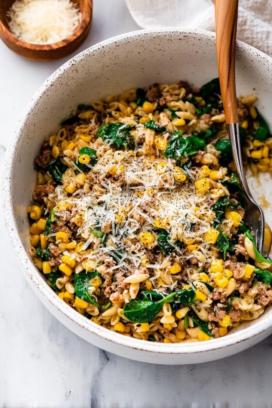 One-Pot Sausage Orzo with Spinach, easy sausage orzo dinner, quick one-pot pasta recipes, hearty weeknight meals, one-pan sausage and spinach - A white speckled bowl filled with a mix of small pasta, bright yellow corn kernels, green spinach leaves, and bits of cooked ground meat. The top is sprinkled with melted grated cheese and black pepper. A silver fork is resting inside the bowl, partially buried in the food. The bowl is on a white marbled surface with a small brown bowl of grated cheese nearby. Photo taken with an iphone --ar 2:3 --v 7