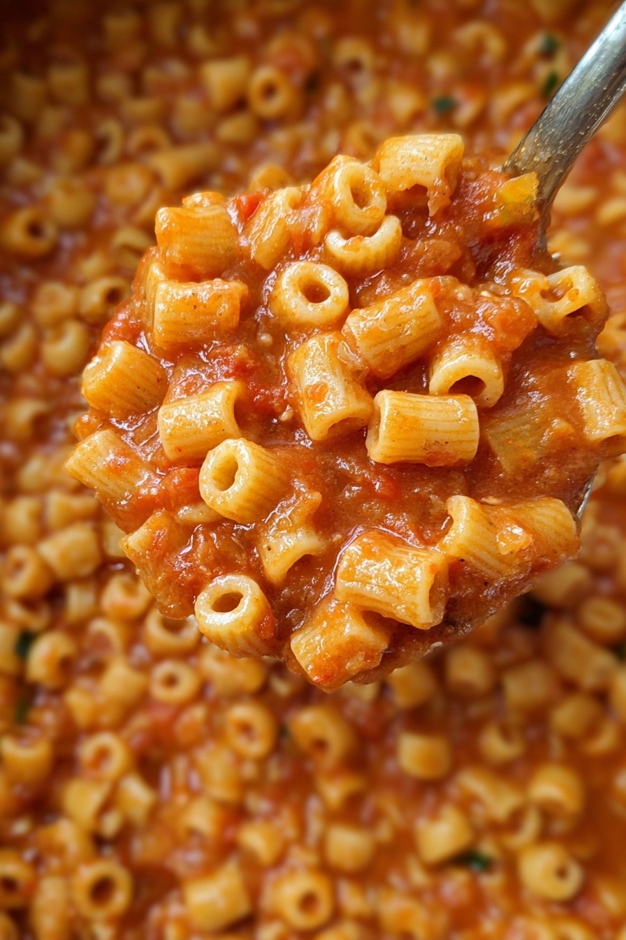 Creamy Pasta Fagioli Soup, Pasta Fagioli Soup, Italian comfort soup, hearty bean and pasta soup, easy pasta e fagioli recipe - A close-up view of a large spoon filled with small round pasta tubes coated in a smooth, orange-red tomato sauce mixed with small bits of herbs and vegetables, with more pasta in the same sauce filling the background, creating a dense textured look of pasta and sauce blending together, all set on a white marbled surface. photo taken with an iphone --ar 2:3 --v 7