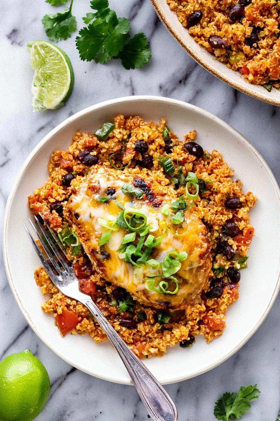 Salsa Chicken with Cauliflower Rice Skillet, quick healthy dinner recipes, low-carb chicken skillet, one-pan chicken and cauliflower rice, flavorful weeknight meals - A close-up view of a skillet filled with several pieces of grilled chicken topped with melted cheese and red sauce, each piece showing a mix of golden brown and white from the cheese, and red from the sauce. Underneath and around the chicken, there is a layer of orange-brown cooked rice mixed with black beans, scattered with green onion slices and small green herb leaves. The chicken pieces have a slightly crispy texture with melted cheese stringing between them. The skillet has a dark edge visible at the top, and a wooden spoon is lifting a portion from the side. Photo taken with an iphone --ar 2:3 --v 7