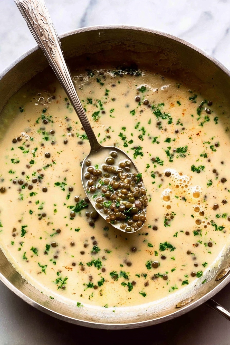 Easy Lemon Caper Sauce, Lemon Caper Sauce for Fish and Chicken, Quick Lemon Caper Sauce Recipe, Bright Lemon Caper Dipping Sauce, Versatile Lemon Caper Sauce - A round metal pan filled with a creamy light beige sauce that has small green lentils and tiny green herbs sprinkled throughout. In the center of the pan, a silver spoon holds some of the lentils and sauce. The sauce has a smooth and slightly thick texture with visible bubbles on the surface. The background is a white marbled texture. Photo taken with an iphone --ar 2:3 --v 7