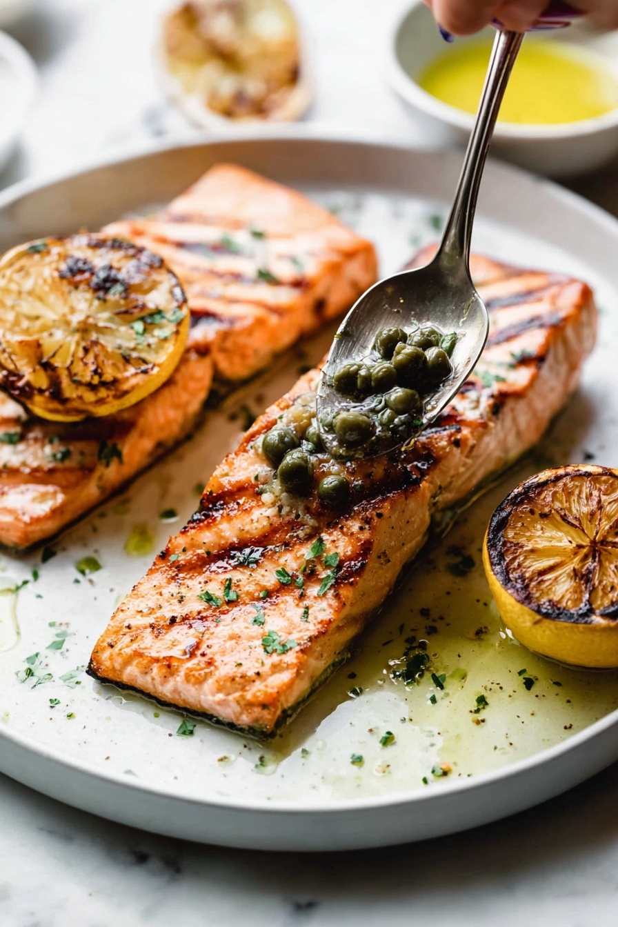 Easy Lemon Caper Sauce, Lemon Caper Sauce for Fish and Chicken, Quick Lemon Caper Sauce Recipe, Bright Lemon Caper Dipping Sauce, Versatile Lemon Caper Sauce - Two grilled salmon fillets with visible dark grill lines lie on a white plate over a white marbled surface. One fillet in front is topped with a spoon held by a woman's hand, adding green capers and a drizzle of oil. Each fillet has a sprinkling of finely chopped herbs and pepper, adding green and black specks. On each side of the plate, there is a round grilled lemon half, showing a charred brown and yellow texture. The plate has some small scattered herb bits and oil drops around the salmon. A small bowl with yellow sauce is partly visible at the plate's edge in the bottom right corner. photo taken with an iphone --ar 2:3 --v 7
