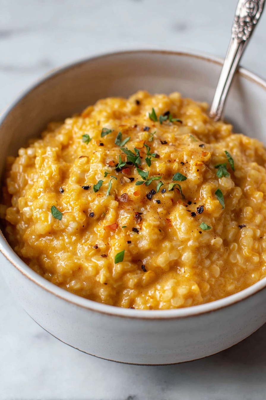 Cheesy Quinoa, Cheesy Quinoa Recipe, healthy cheese quinoa dish, creamy quinoa with cheese, easy quinoa cheese meal - A close-up view of a bowl filled with a creamy, chunky orange-colored dish. The dish has small, round grains mixed in with a smooth sauce giving it a thick and hearty texture. It is lightly sprinkled with small green herb pieces and a few black pepper flakes on top. The bowl is white with a subtle shiny glaze, sitting on a white marbled surface. A silver spoon with a detailed handle is partially visible resting inside the bowl. Photo taken with an iphone --ar 2:3 --v 7