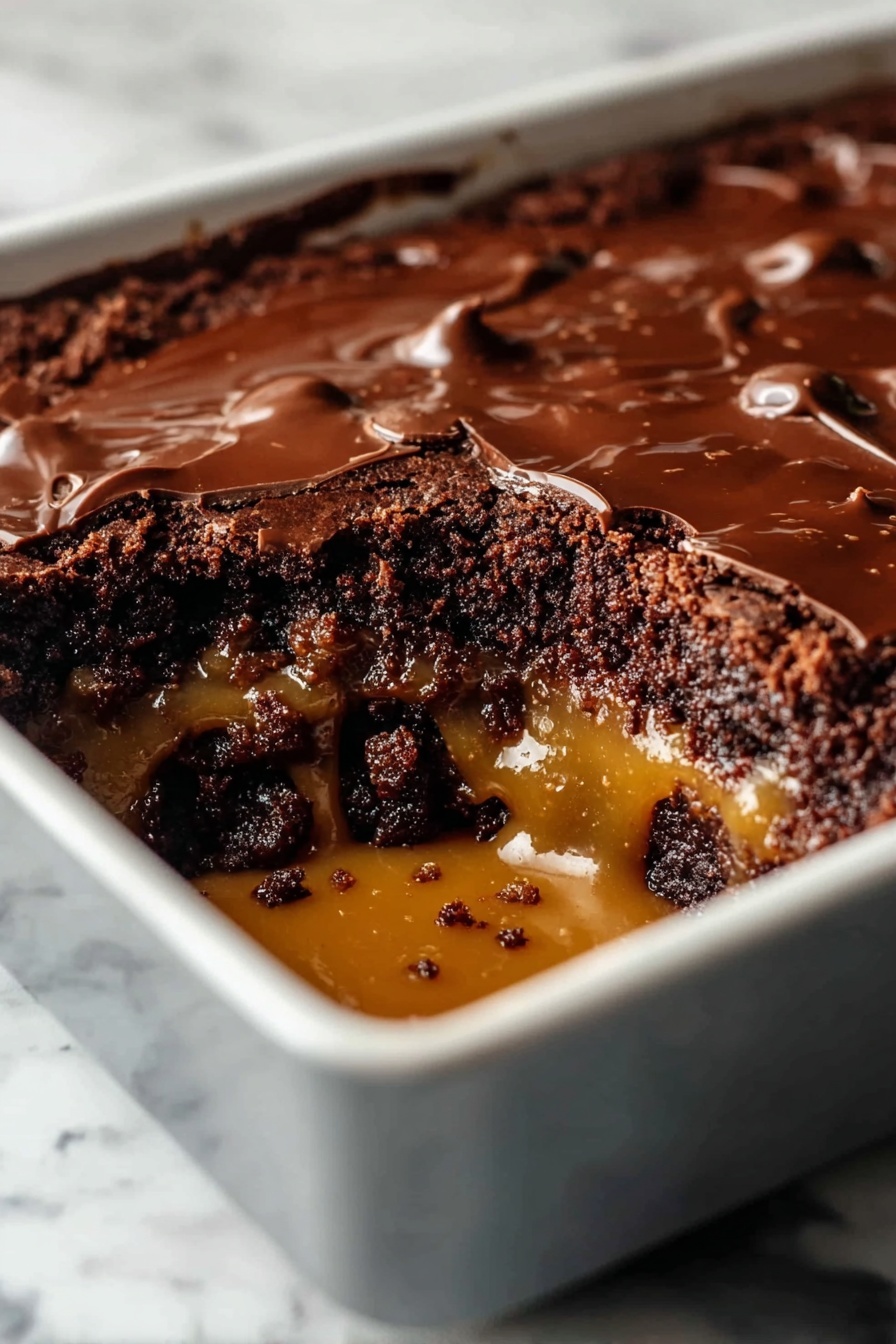 Chocolate Caramel Dump Cake, easy chocolate and caramel dessert, rich dump cake recipe, quick chocolate caramel cake, decadent dump cake ideas - The image shows a close-up view of a white baking dish with a chocolate dessert inside, which has three visible layers. The top layer is a shiny, melted dark chocolate with a slightly wrinkled texture. Below that is a thick, crumbly dark brown chocolate layer. The bottom layer is a smooth, golden caramel that is slightly spilled inside the dish. The dessert has a section cut out, revealing the gooey caramel dripping down and mixing with the crumbly chocolate layer. The background is a white marbled surface. photo taken with an iphone --ar 2:3 --v 7