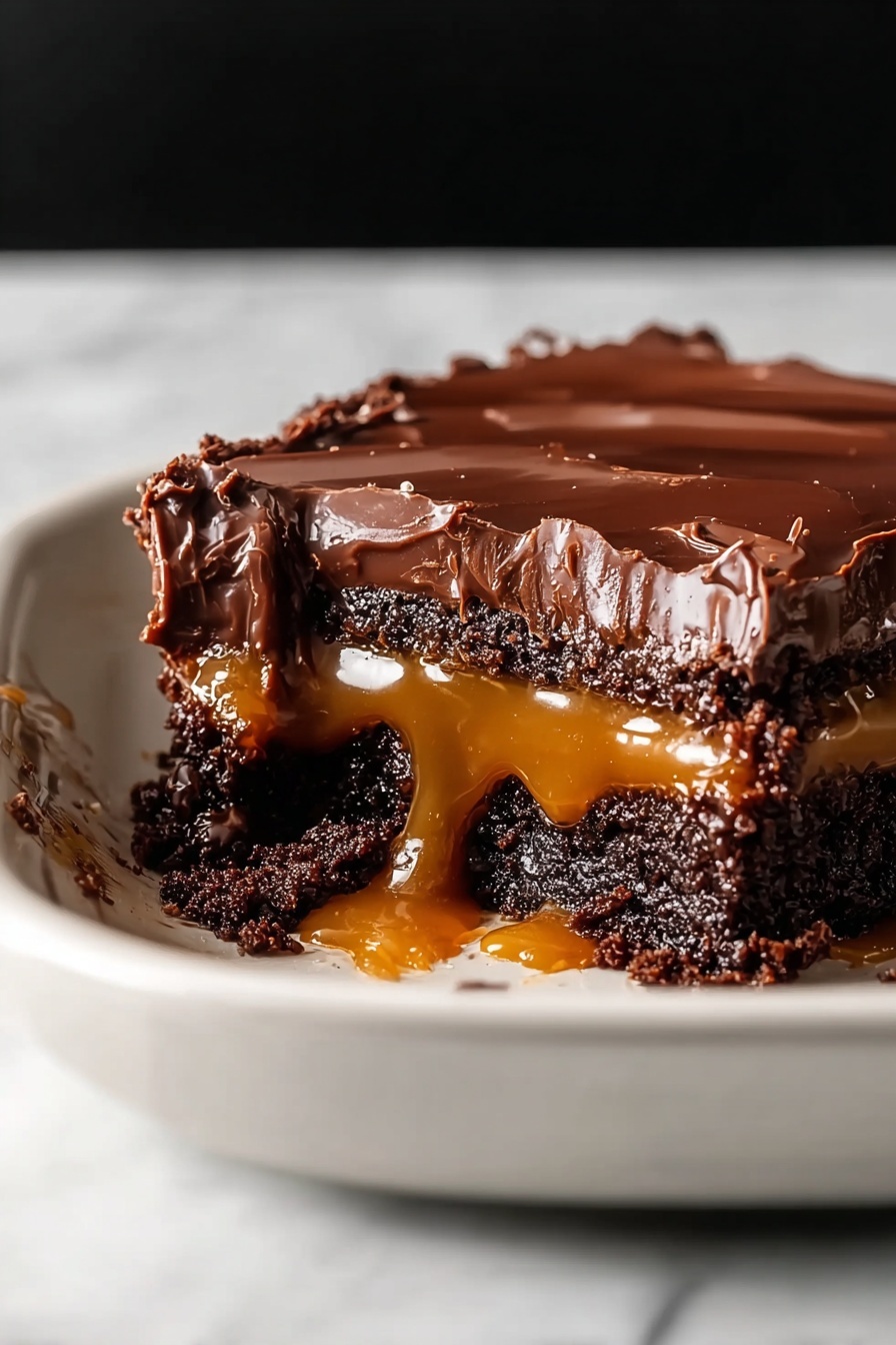 Chocolate Caramel Dump Cake, easy chocolate and caramel dessert, rich dump cake recipe, quick chocolate caramel cake, decadent dump cake ideas - The image shows a thick square piece of dessert with four visible layers. The bottom and third layers are dark brown, crumbly cake with small bits mixed in for texture. The second layer is creamy caramel color, smooth and slightly shiny, oozing out at the edges. On top, there is a shiny caramel layer dripping slowly down, with chunks of dark chocolate scattered on it. The dessert sits on a white plate, with a white marbled background. Photo taken with an iphone --ar 2:3 --v 7