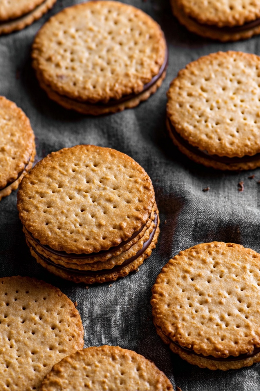 Almond Flour Lace Cookies with Nutella or Chocolate, almond flour lace cookies, chocolate lace cookies, Nutella sandwich cookies, delicate lace cookies recipe - The image shows several round cookies with a golden-brown color and a slightly crispy texture. Each cookie has two thin, lacy layers with small holes throughout, sandwiching a smooth layer of dark chocolate in the middle. The cookies are stacked closely together on a white marbled surface, with clear focus on the front cookie while the background ones blur softly. The light highlights the crunchy texture of the cookie edges and the glossy finish of the chocolate layer. photo taken with an iphone --ar 2:3 --v 7
