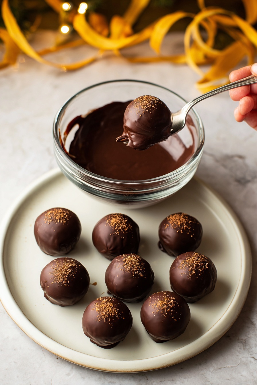 Chocolate Orange Christmas Truffles, festive holiday truffles, homemade chocolate truffles, orange-flavored Christmas treats, easy holiday chocolates - A clear glass bowl filled with smooth, shiny dark brown melted chocolate sits on a white marbled surface. A woman’s hand holds a silver fork dipping a round, textured chocolate ball into the melted chocolate, coating it evenly. To the right, there is a white plate with eight matte-textured chocolate balls lined up in a neat arrangement. The scene captures a moment of chocolate making, with simple utensils and the focus on the rich, glossy chocolate coating process. Photo taken with an iphone --ar 2:3 --v 7