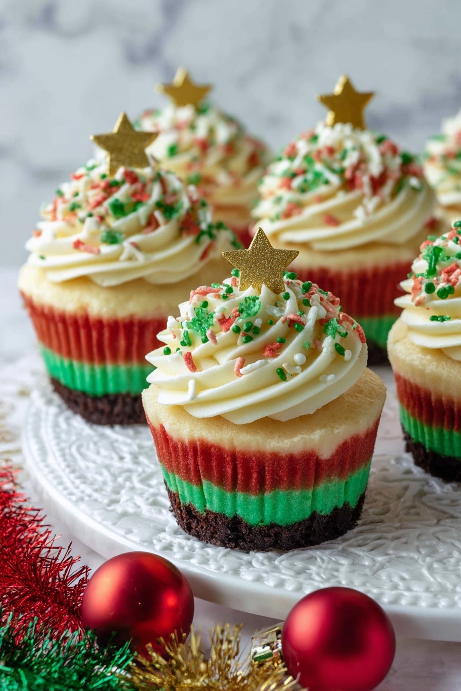 Mini Christmas Oreo Cheesecakes, Christmas dessert ideas, easy holiday cheesecake, cute festive treats, no-bake mini cheesecakes - The image shows six cupcakes with four visible layers set on a white marbled textured doily. The bottom layer is dark brown, followed by a creamy light beige layer, then a bright red layer, and topped with a green layer. Each cupcake is crowned with a large swirl of white frosting decorated with red, green, and gold sprinkles. A small gold star-shaped decoration sits on top of the frosting of the front cupcake. In the foreground, there are some red, shiny ornaments and green, red, and gold tinsel blurred out. Photo taken with an iphone --ar 2:3 --v 7