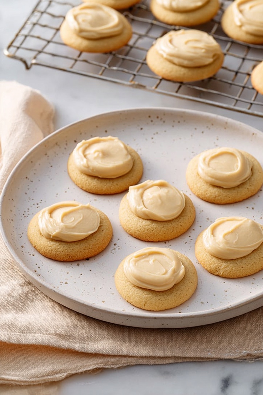 Eggnog Cookies with Nutmeg Frosting, festive holiday cookies, eggnog flavor cookies, soft butter cookies with nutmeg, holiday baking recipes - The image shows six round cookies placed evenly on a large white plate with subtle speckles. Each cookie is golden brown in color with a smooth dollop of creamy, light beige frosting spread on top, covering the center portion of the cookie. The plate is set on a soft beige cloth over a white marbled surface, and in the background, several more frosted cookies rest on a metal cooling rack. The scene is bright with soft, natural lighting highlighting the texture of both the cookies and the frosting. photo taken with an iphone --ar 2:3 --v 7