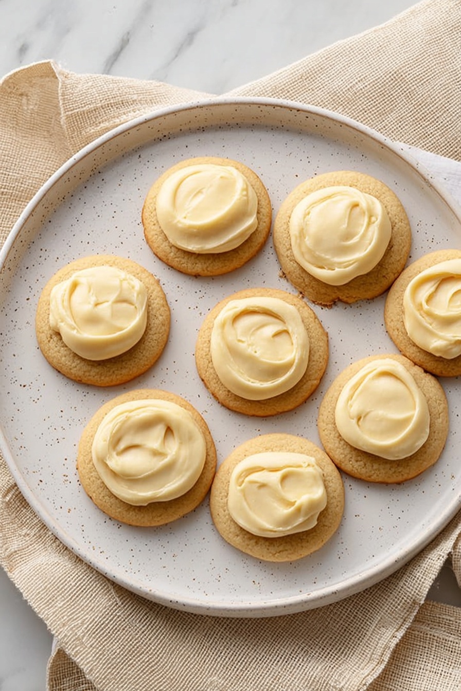 Eggnog Cookies with Nutmeg Frosting, festive holiday cookies, eggnog flavor cookies, soft butter cookies with nutmeg, holiday baking recipes - Seven round cookies with a light brown color and smooth texture are placed on a white speckled plate. Each cookie has a thick layer of creamy, pale yellow frosting spread on the top center, slightly glossy and soft. The plate sits on a light beige cloth with textured folds, and the background is a white marbled surface. Photo taken with an iphone --ar 2:3 --v 7