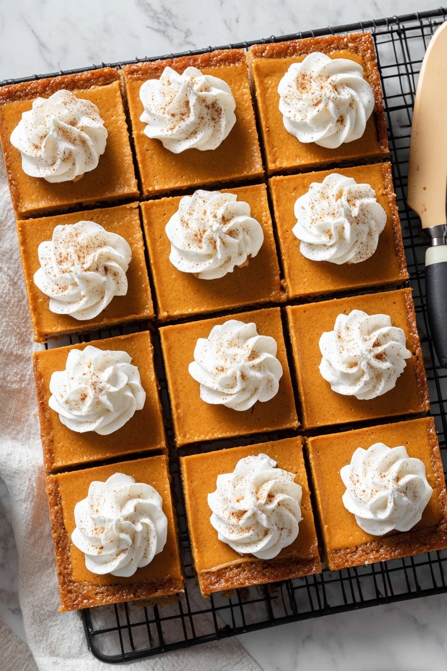 Pumpkin Pie Bars with Shortbread Crust, pumpkin dessert bars, pumpkin shortbread bars, easy pumpkin pie bars recipe, holiday pumpkin dessert - The image shows a square pumpkin dessert cut into 16 equal pieces, arranged neatly on a black cooling rack over white marbled texture. Each piece has a smooth orange pumpkin layer on top of a slightly darker orange crust base. On each square, there is a swirl of white whipped cream placed in the center, sprinkled lightly with a brown spice, likely cinnamon or nutmeg. A beige-handled knife is placed to the right side of the dessert. The overall look is clean and tidy, with sharp edges on the squares and soft, fluffy whipped cream swirls. Photo taken with an iphone --ar 2:3 --v 7