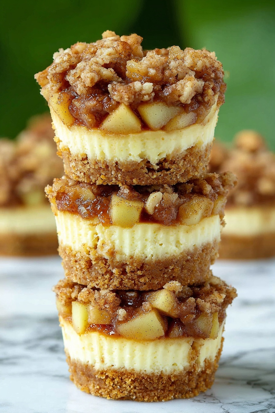 Apple Crisp Cheesecake Miniatures, fall-inspired cheesecake bites, apple dessert recipes, mini cheesecake with apple topping, easy fall dessert ideas - This image shows a stack of three mini cheesecakes with a crumbly texture. Each cheesecake has four layers: the bottom layer is a golden brown crumbly base, followed by a smooth, light yellow cheesecake layer. Above that is a chunky layer of diced apples mixed with a brown sauce, and the top layer is a thick crumbly streusel topping with bits of nuts. The cheesecakes are sitting on a white marbled surface with a green blurred background. Photo taken with an iphone --ar 2:3 --v 7
