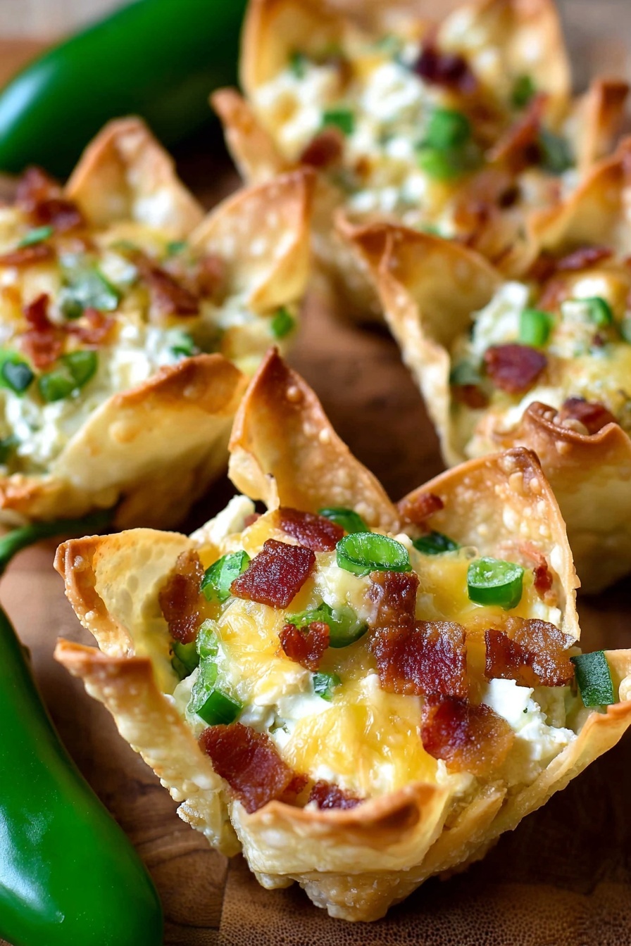Jalapeno Popper Wonton Cups, jalapeno popper appetizers, spicy cheesy finger food, easy jalapeno bites, baked wonton cups - The image shows small taco cups with four layers inside each white, crispy shell. The base is a creamy, white cheese mixture. On top of this, there are pieces of green jalapeno peppers and melted bright yellow cheddar cheese scattered around. The top layer is made up of small pieces of crispy, reddish-brown bacon. The taco cups are placed on a wooden board with some green jalapenos around for decoration. Photo taken with an iphone --ar 2:3 --v 7