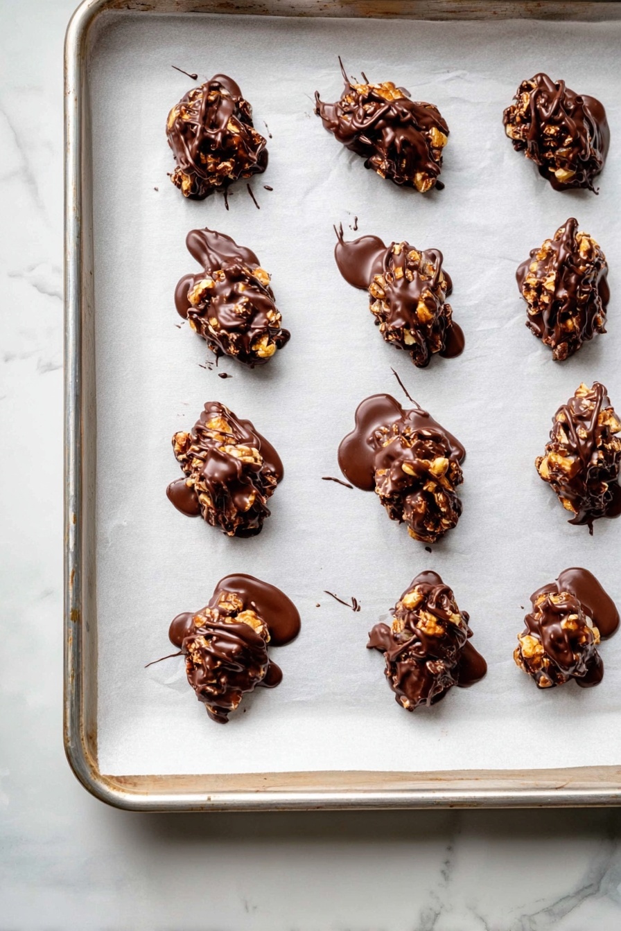 Chocolate Peanut Butter Dates, healthy date snacks, easy sweet treats, chocolate peanut butter bites, Medjool date recipes - The image shows a metal baking tray lined with white parchment paper, holding 14 small clusters of nuts that are partially covered with melted dark chocolate. Each cluster is irregular in shape, with a rough texture from the nuts, and glossy chocolate drizzled unevenly over the top, pooling slightly on the parchment underneath some pieces. The tray rests on a white marbled surface, and the overall look is neat but rustic, with the chocolate giving a shiny, smooth contrast to the crunchy nuts. photo taken with an iphone --ar 2:3 --v 7