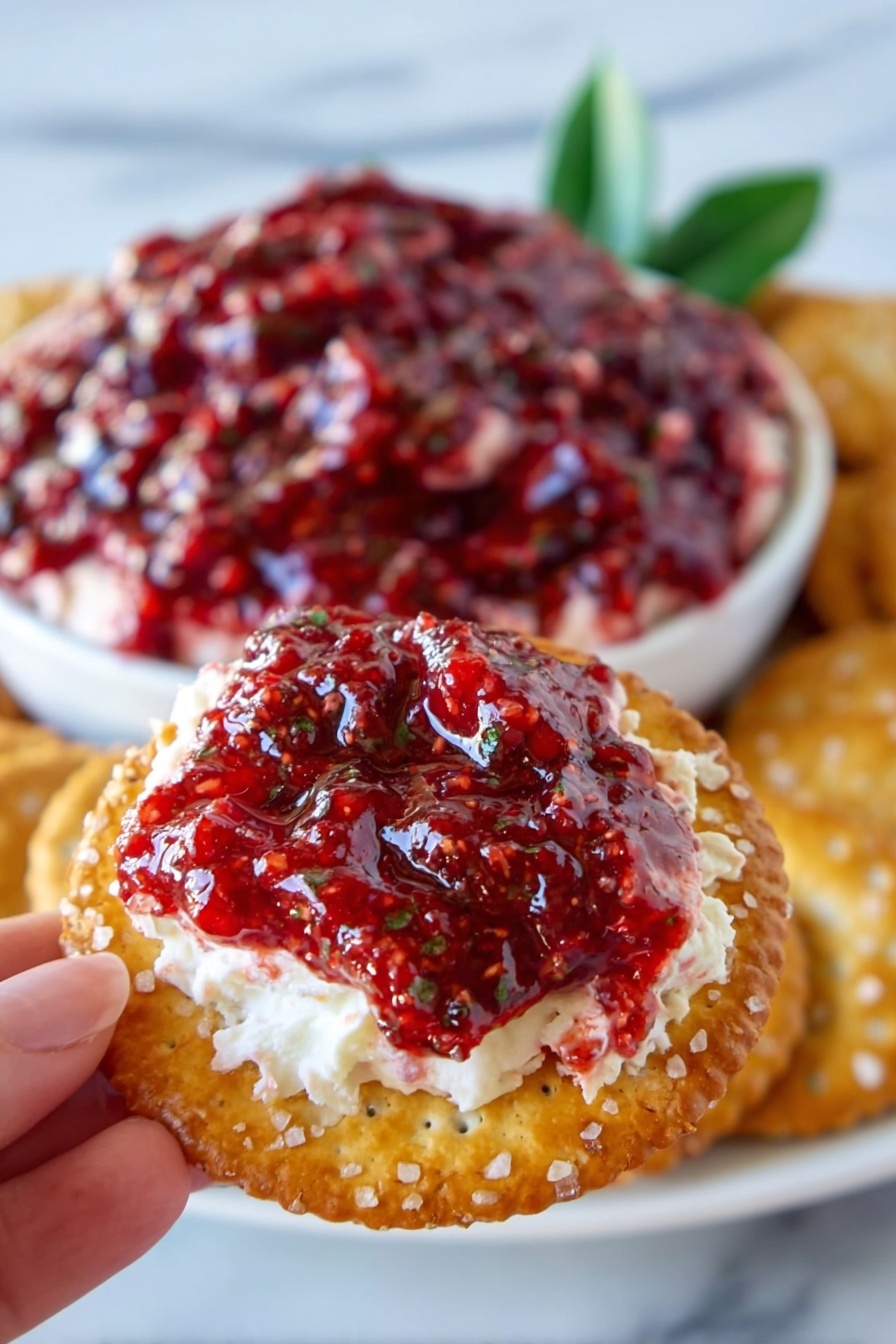 Cranberry Cream Cheese Dip, Holiday Dip Recipes, Easy Cranberry Dip, Festive Party Dips, Cream Cheese Cranberry Appetizer - A close-up of a woman's hand holding a round, golden-brown cracker sprinkled with salt. The cracker is topped with two layers: a creamy white layer underneath and a sticky red fruit layer on top, with visible small chunks and seeds giving it a textured look. In the background, a white bowl filled with the same layered spread sits on a white marbled surface, slightly blurred, with a green leaf garnish adding a touch of color. Photo taken with an iphone --ar 2:3 --v 7