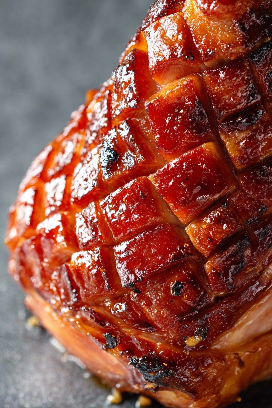 Brown Sugar Mustard Glazed Ham, ham glaze recipe, easy holiday ham, caramelized ham, flavorful glazed ham - The image shows a close-up of a cooked ham with a shiny, caramelized surface. The ham is scored in a diamond pattern, with the cuts revealing juicy layers beneath the crispy outer skin. The glaze on the ham gives it a glossy, reddish-brown color that shines under the light, highlighting the texture and slight charring at the edges. The background is a soft, blurred gray, which makes the ham stand out clearly. Photo taken with an iphone --ar 2:3 --v 7