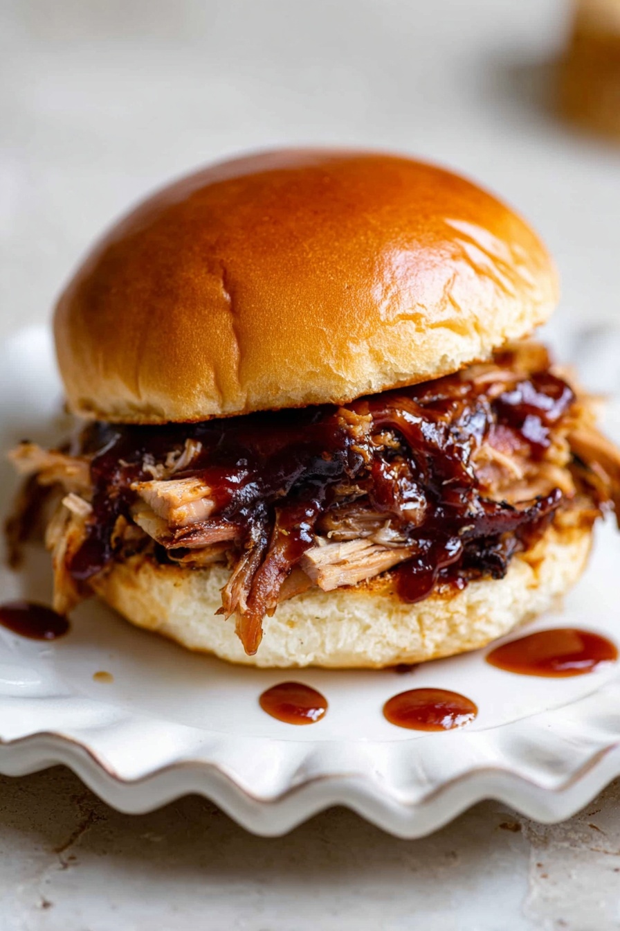 Slow Cooker Pulled Pork, tender pulled pork, easy slow cooker recipes, flavorful pork sandwiches, juicy pulled pork - A sandwich with three main layers: the top is a shiny, golden brown bun with a soft texture; the middle layer is pulled meat with charred edges covered in a glossy, dark reddish-brown sauce, adding shine and moisture; the bottom layer is the other half of the bun, also golden brown and soft. The sandwich sits on a white scalloped plate, which rests on a white marbled surface. There are small drops of the dark sauce visible around the plate, adding interest to the scene. photo taken with an iphone --ar 2:3 --v 7