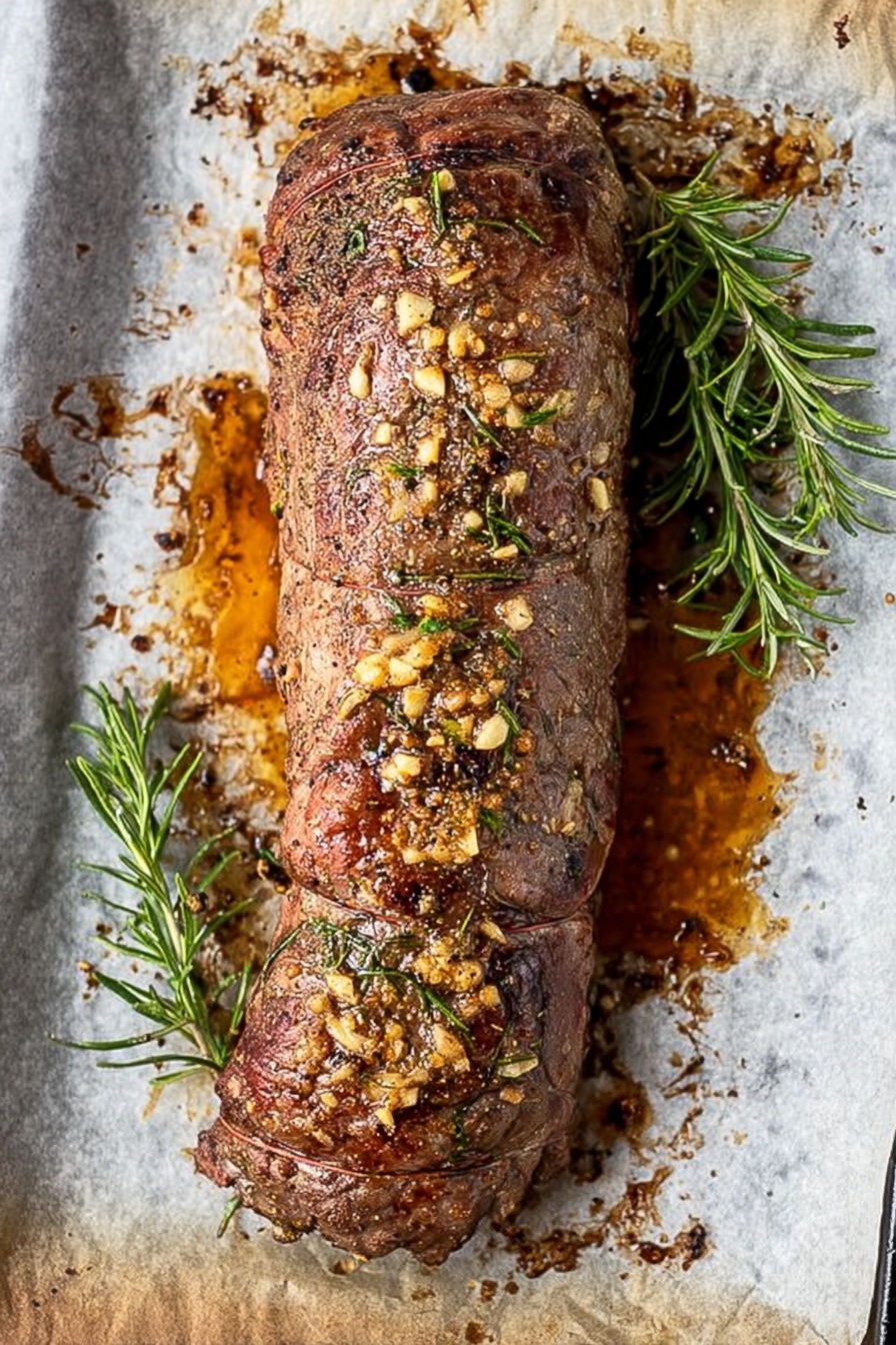Garlic Herb Beef Tenderloin Pork Roast, garlic herb beef tenderloin, herb crusted beef roast, elegant beef roast recipe, tenderloin beef dinner ideas - A long, brown roast with a slightly crispy surface covered in small bits of golden toasted garlic and herbs sits on a sheet of baking paper that is browned and stained with cooking juices. The roast has a rough texture with some darker seared spots all over, and it is tied with string around it to keep its shape. Next to the roast, on the white marbled surface beneath the baking paper, are two fresh sprigs of green rosemary adding a pop of color. Photo taken with an iphone --ar 2:3 --v 7