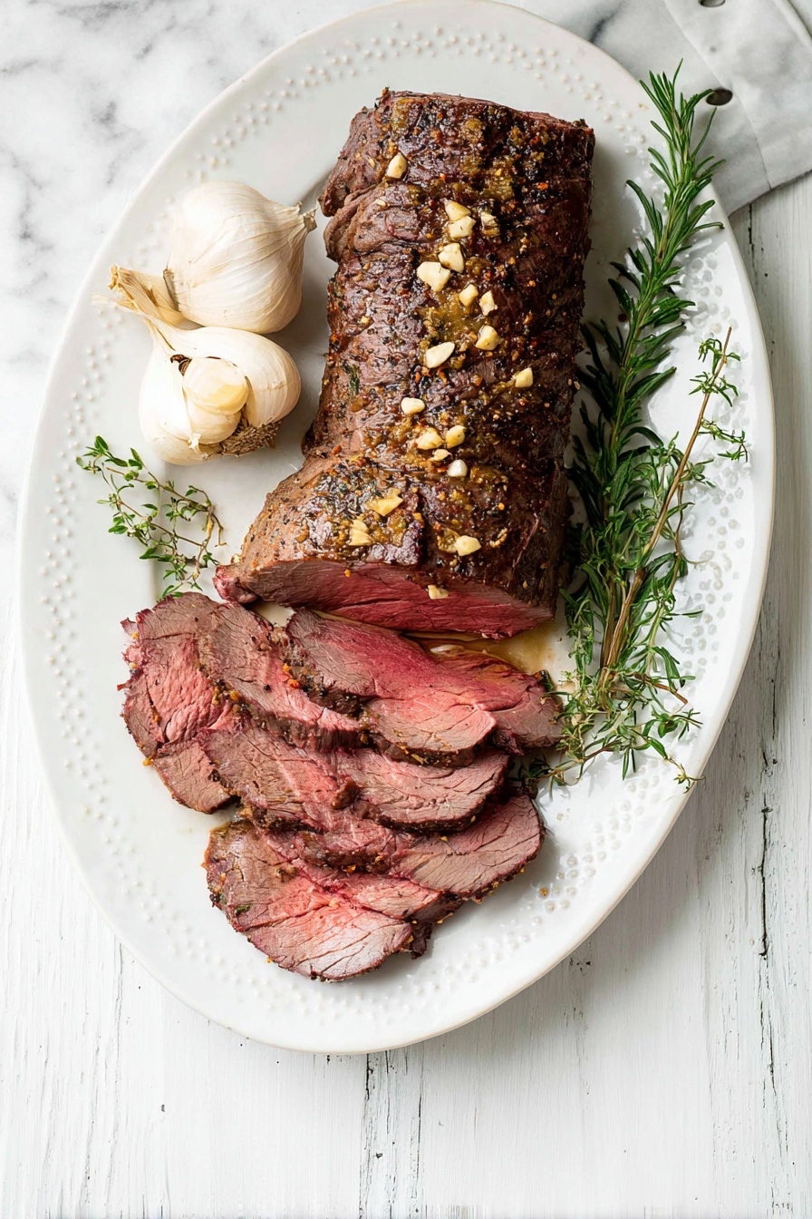 Garlic Herb Beef Tenderloin Pork Roast, garlic herb beef tenderloin, herb crusted beef roast, elegant beef roast recipe, tenderloin beef dinner ideas - The image shows a white oval plate on a white marbled surface holding a cooked beef roast. The roast has a dark brown, seasoned top layer with visible bits of garlic and herbs. Part of the roast is sliced into several medium-thin pieces, revealing a pink, juicy inside with a slight sear on the edges. Two whole heads of garlic and small sprigs of fresh rosemary lie beside the meat on the plate. The plate has a textured rim with a handle on the bottom side. photo taken with an iphone --ar 2:3 --v 7