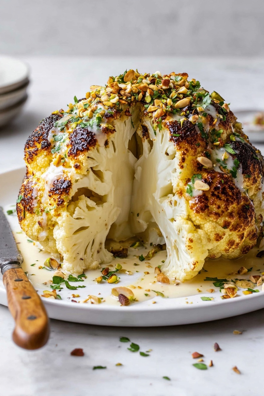 Roasted Cauliflower with Tahini Sauce, roasted cauliflower recipe, tahini sauce recipe, roasted cauliflower with tahini, healthy roasted cauliflower dish - A whole roasted cauliflower is placed on a white plate with a slice taken out from the front, showing the creamy white interior layers of the cauliflower. The outside is golden with charred dark brown spots, covered in a light creamy sauce that drips down the sides. On top, there are chopped green herbs and crushed nuts sprinkled for texture and color. A knife with a wooden handle lays on the plate beside the cauliflower. The setting is on a white marbled surface. Photo taken with an iphone --ar 2:3 --v 7