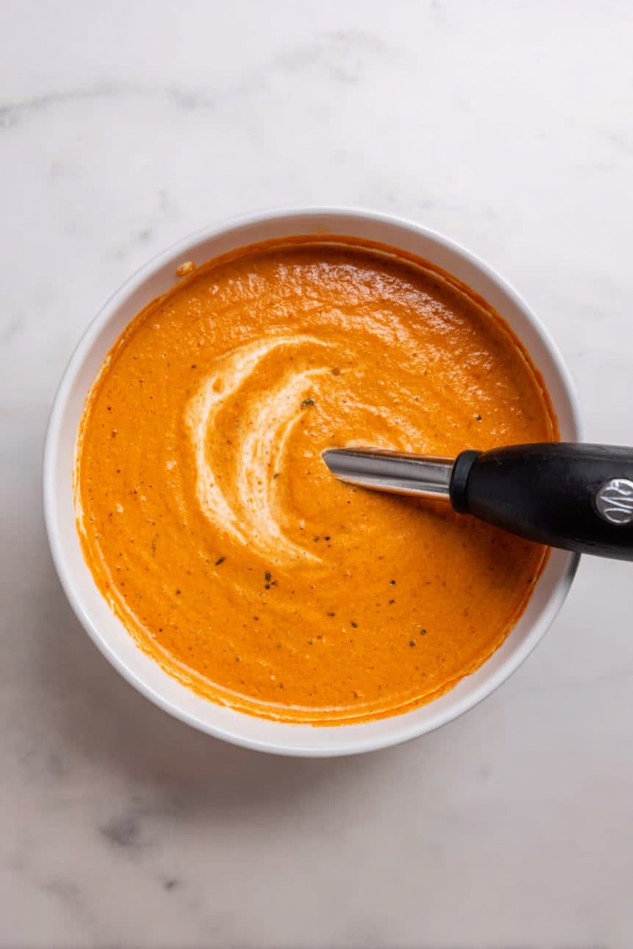 Creamy Roasted Vegetable Soup, roasted vegetable soup, comforting vegetable soup, easy vegetable soup, healthy creamy soup - A bowl filled with thick, smooth orange sauce sits on a white marbled surface. The sauce shows some specks, likely herbs or spices, and has a swirl of lighter cream creating a small curved pattern on top. A black immersion blender is dipped into the bowl, partially blending the swirl into the sauce. The bowl itself is white, round, and simple, with the sauce evenly filling most of it. photo taken with an iphone --ar 2:3 --v 7