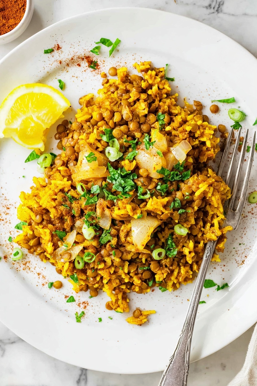 Mujadara Lentils and Rice, Middle Eastern lentil and rice dish, delicious lentils and rice recipe, smoky caramelized onion Mujadara, nourishing healthy lentil recipe - The image shows a white plate filled with a mix of yellow rice and brown lentils, topped with small pieces of cooked onion that have a soft, slightly translucent texture. On top, there are chopped green herbs and thin slices of green onion scattered around, adding a fresh touch. On one side of the plate, there is a small lemon wedge placed close to the rice and lentils. The plate rests on a white marbled surface, and a silver fork is placed to the right of the plate. Some drops of oil and a light sprinkling of spice powder are visible on the plate near the food. photo taken with an iphone --ar 2:3 --v 7