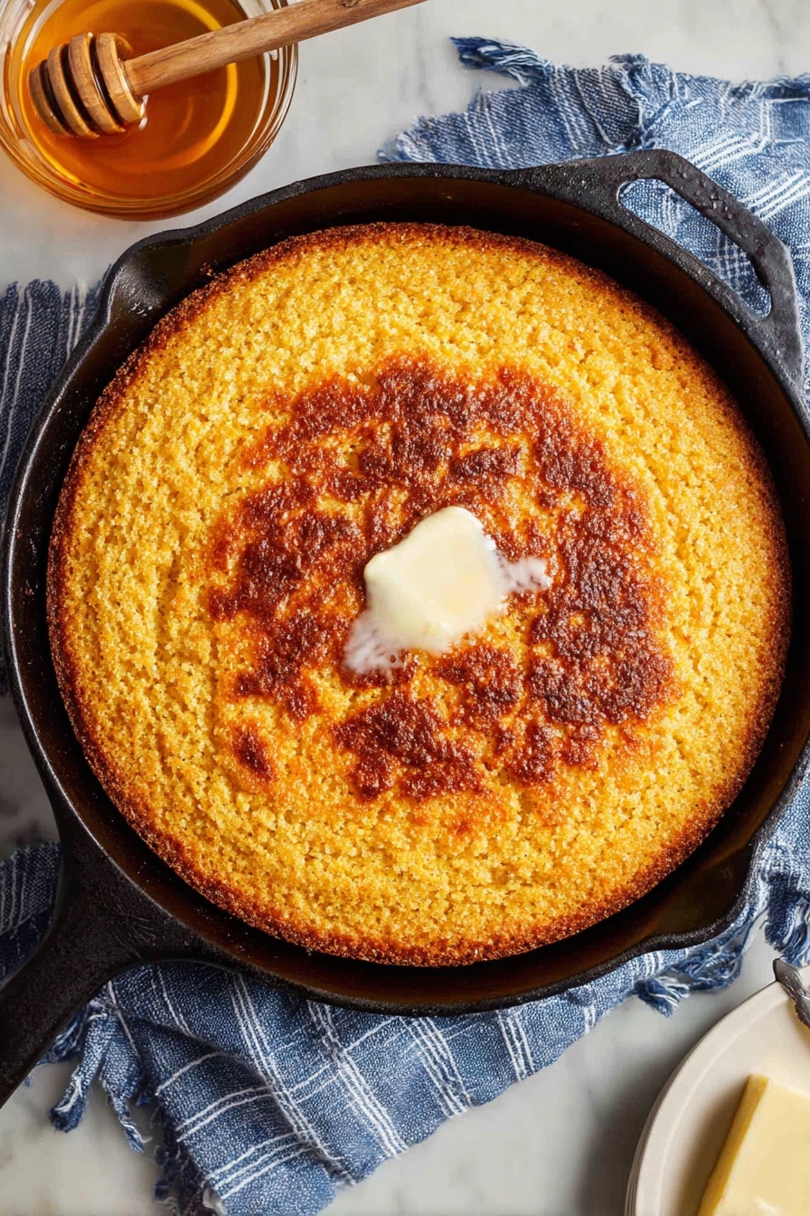Moist Homemade Cornbread, moist cornbread, homemade cornbread recipe, tender cornbread, best cornbread - A golden brown, crispy cornbread sits in a black skillet, topped with a small melting pat of white butter in the center. The cornbread's surface is textured with a mix of crispy edges and softer middle areas, showing a warm yellow and brown color mix. Around the skillet is a blue and white striped cloth on a white marbled surface. To the top left, there is a glass bowl filled with golden honey and a wooden honey dipper resting across it. At the bottom edge, there is a knife with butter next to a white plate. Photo taken with an iphone --ar 2:3 --v 7