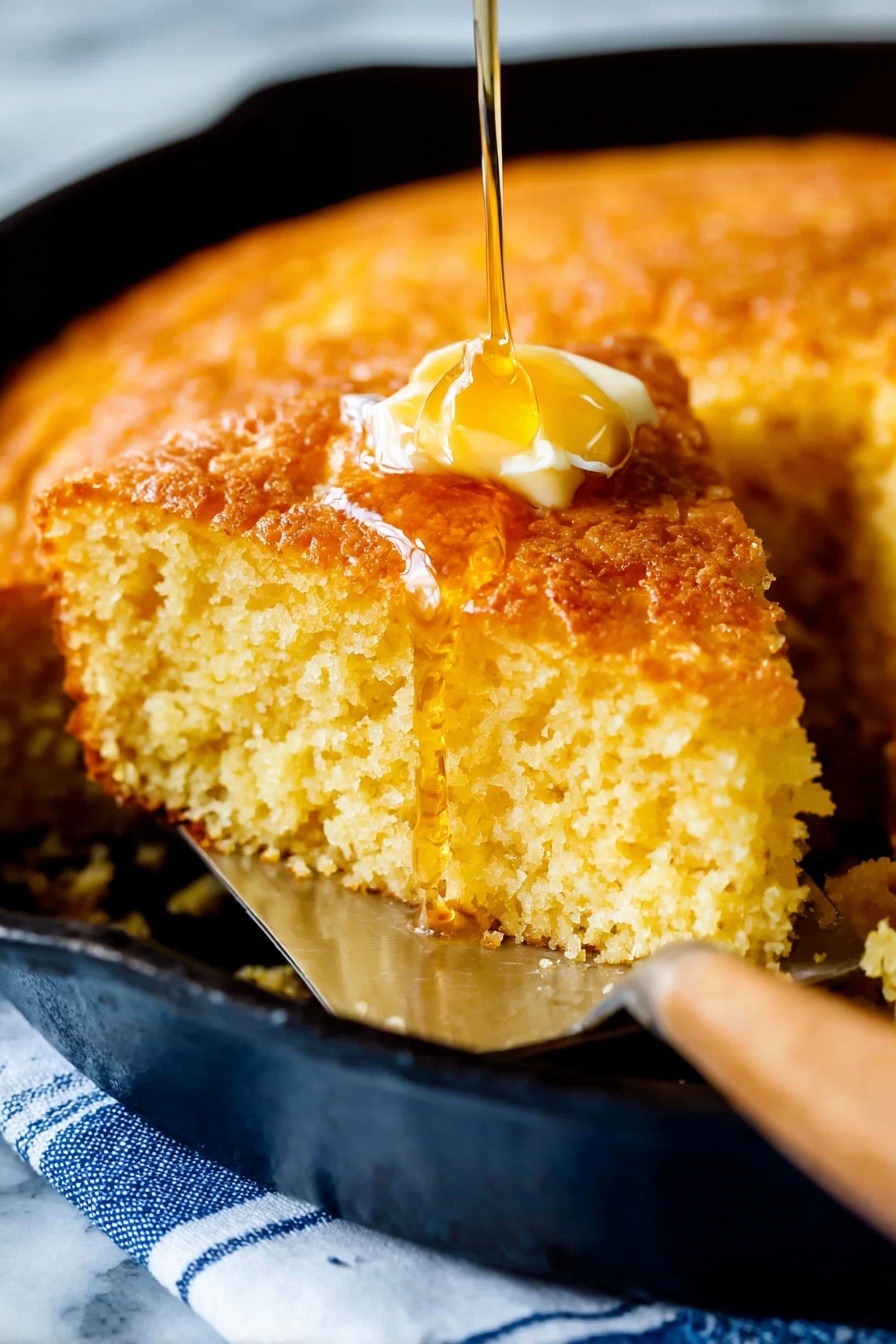 Moist Homemade Cornbread, moist cornbread, homemade cornbread recipe, tender cornbread, best cornbread - A golden brown cornbread is shown in a black cast iron skillet with a slice removed. The top layer is crispy and crumbly with a shiny spot where a small piece of butter is melting. The inside is light yellow and moist with a soft texture. A metal spatula with a wooden handle is partly under the removed slice, resting inside the skillet. The skillet is on a blue and white striped cloth over a white marbled surface. Photo taken with an iphone --ar 2:3 --v 7