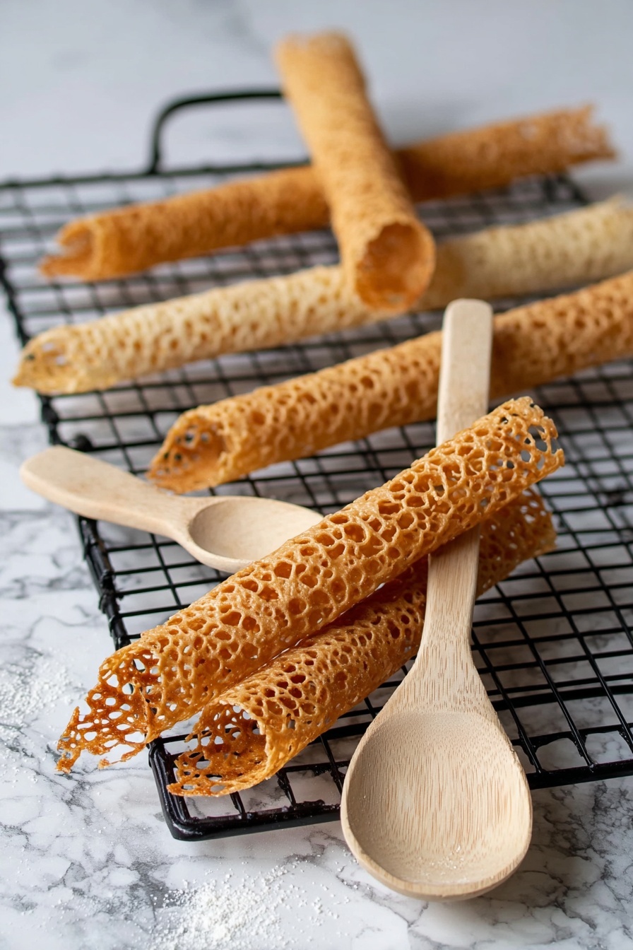 Brandy Snaps, delicate crispy treats, homemade brandy snaps, easy dessert recipes, holiday sweets - The image shows thin, golden brown lace cookies with a holey texture placed on a black cooling rack, lying on a white marbled surface. There are several rolled cookies scattered around, with two partially wrapped around the handles of light wooden spoons positioned diagonally in the front center of the image. The lace patterns are delicate and lacy, and the cookies appear crispy and slightly shiny. The wooden spoons have a natural grain and smooth texture. Photo taken with an iphone --ar 2:3 --v 7
