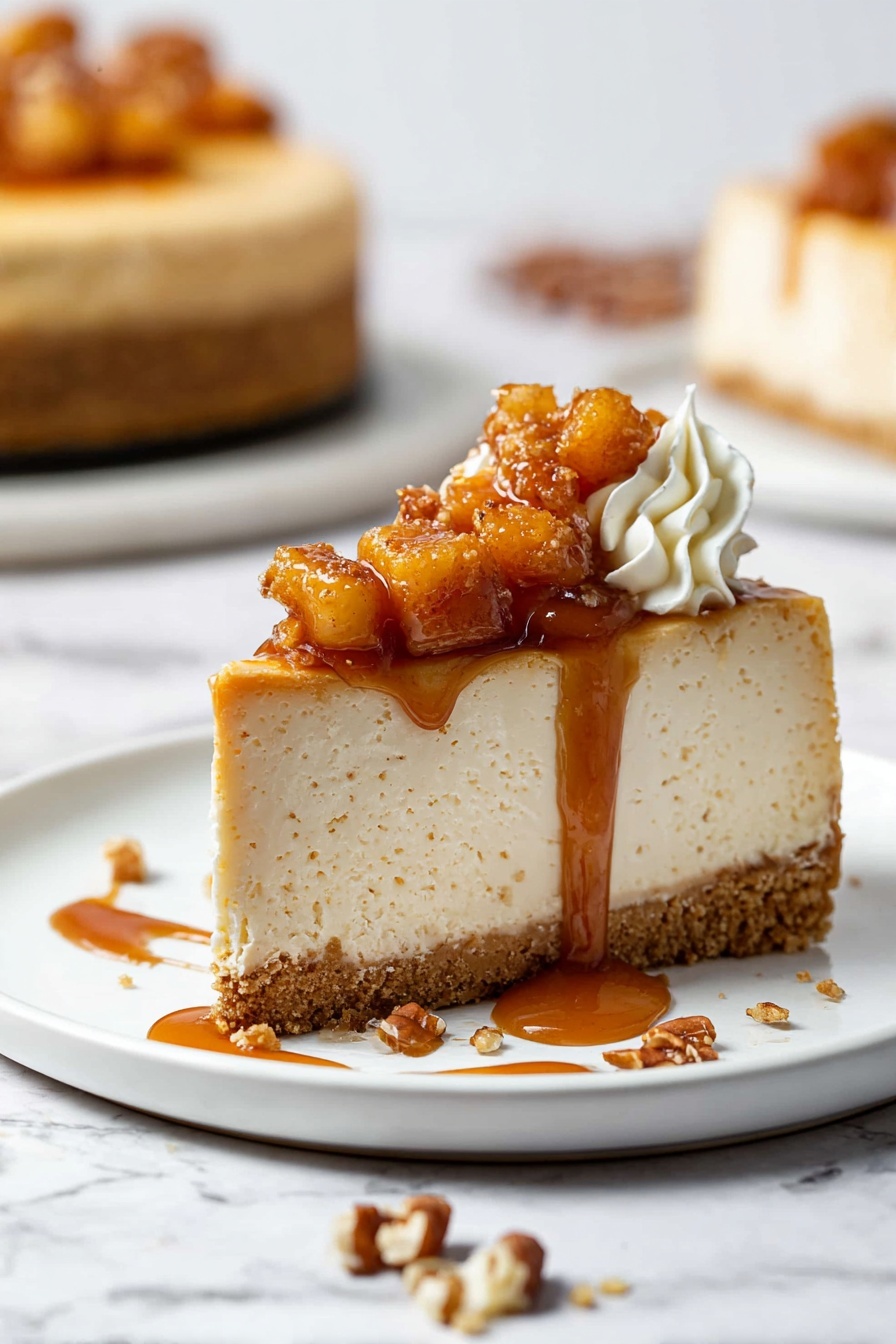 Caramel Apple Cheesecake, caramel apple dessert, fall cheesecake recipes, easy caramel apple cheesecake, creamy apple cheesecake - A slice of cheesecake with three layers is shown on a white plate. The bottom layer is a crumbly, light brown crust. The middle layer is thick, creamy, and pale beige with tiny specks. The top layer has a mix of caramelized, golden-brown small fruit pieces covered in shiny brown syrup that drips down the side. On one side of the slice, there is a small swirl of white whipped cream. Small nut pieces are scattered around the plate on a white marbled surface. In the background, there is a blurred view of more cheesecake slices on a white plate. Photo taken with an iphone --ar 2:3 --v 7