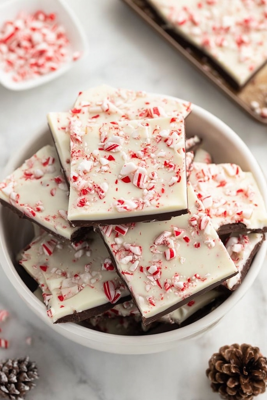 Peppermint Bark, Peppermint Bark Recipe, Holiday Chocolate Treats, Mint Chocolate Candy, Easy Festive Dessert - The image shows a white bowl filled with stacked peppermint bark pieces. Each piece has two visible layers: a bottom dark chocolate layer and a thick top white chocolate layer sprinkled with crushed red and white peppermint candy bits. The bowl is set on a white marbled surface. Around the bowl, there is a small white dish with more crushed peppermint candies and a few small pine cones for decoration. A corner of a tray with more peppermint bark is partly visible in the upper right. The overall look is clean and festive with a focus on the contrasting dark and white chocolate layers topped with bright candy pieces. photo taken with an iphone --ar 2:3 --v 7