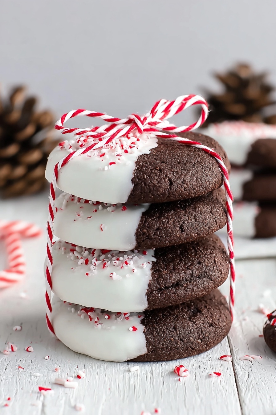 Chocolate Peppermint Candy Cane Cookies, festive holiday cookies, peppermint chocolate cookies, peppermint crunch cookies, holiday cookie recipes - A stack of five dark brown round cookies is shown, each half dipped in white icing with small red and white sprinkles on the icing. The cookies are tied together with a thin red and white striped string, forming a bow on top. The texture of the cookies looks soft but firm, and the white icing has a smooth finish with crisp sprinkle bits. They rest on a white wood surface with some scattered sprinkles and pinecones in the blurred background. Photo taken with an iphone --ar 2:3 --v 7