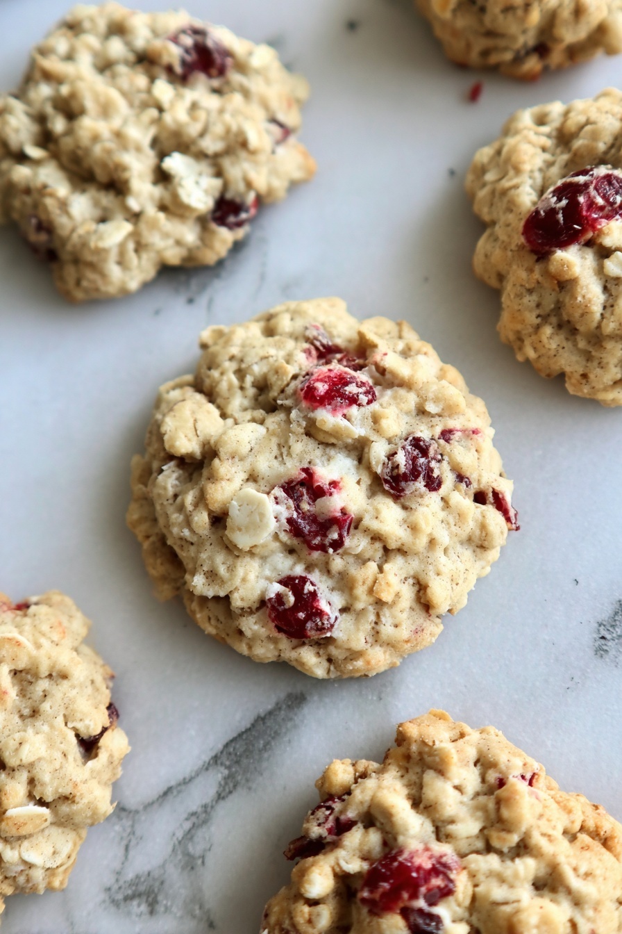 Cranberry Oatmeal Cookies, healthy oatmeal cookies with cranberries, chewy cranberry cookies, best white chocolate cranberry cookies, easy cranberry oatmeal treats - The image shows several round oatmeal cookies with visible red cranberry pieces scattered inside. The cookies have a rough and chunky texture with a golden-brown color. They rest directly on a white marbled textured surface with some gray and red marks. The cookies have an uneven, homemade look with a soft, crumbly appearance and slight cracks on the surface. Photo taken with an iphone --ar 2:3 --v 7