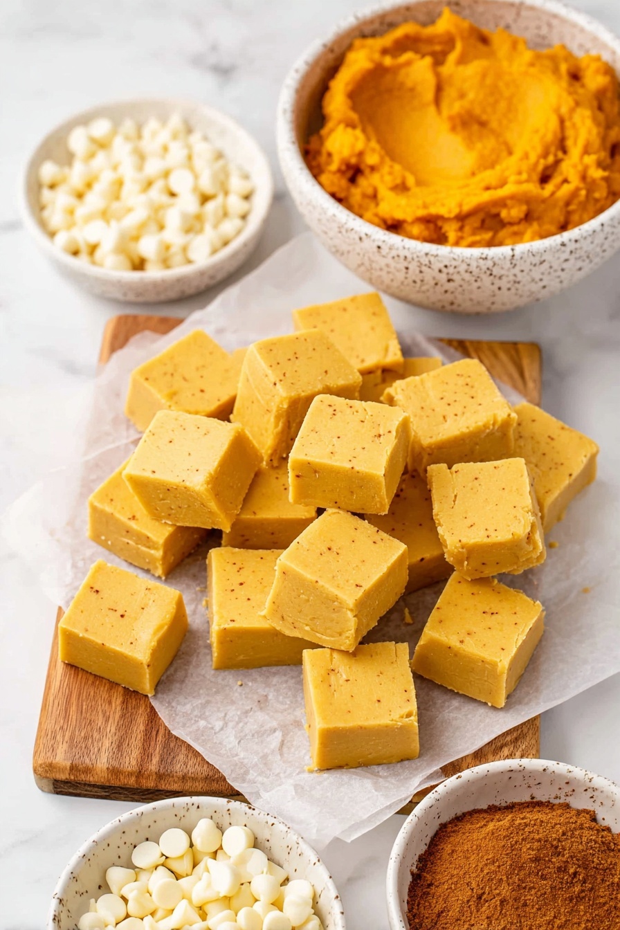 Pumpkin White Chocolate Fudge, pumpkin white chocolate fudge recipe, seasonal pumpkin fudge, Halloween white chocolate fudge, cozy autumn fudge - The image shows many small square pieces of yellow fudge placed on white parchment paper over a wooden board. The fudge pieces are smooth and have a soft texture with slight spice specks visible. Above the fudge, there is a white speckled bowl filled with bright orange pumpkin puree, smooth and thick. In the bottom left corner, there is a white speckled bowl full of white chocolate chips, and at the bottom right, another bowl has a brown powdered spice, likely cinnamon. The whole scene is set on a white marbled surface. photo taken with an iphone --ar 2:3 --v 7