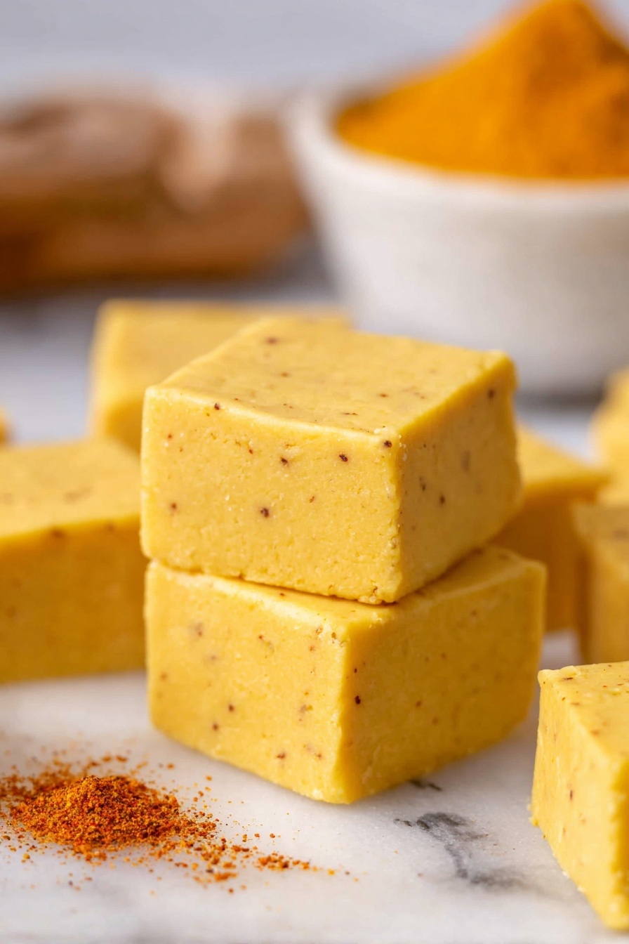 Pumpkin White Chocolate Fudge, pumpkin white chocolate fudge recipe, seasonal pumpkin fudge, Halloween white chocolate fudge, cozy autumn fudge - The image shows several smooth, square pieces of yellow fudge with small specks of spices visible throughout. Two squares are stacked at the center, with more scattered around them on a white marbled surface. In the background, there is a white bowl filled with an orange powder, slightly blurred to keep the focus on the fudge squares. A small amount of the spice is sprinkled near the front on the marbled surface. photo taken with an iphone --ar 2:3 --v 7