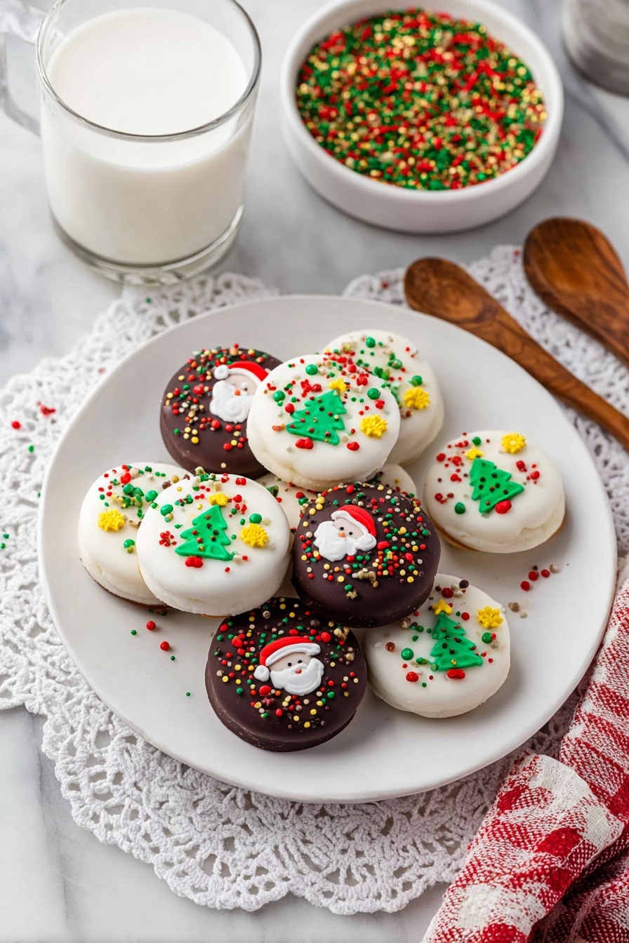 Homemade Peanut Butter Cups, homemade peanut butter cups recipe, easy peanut butter cups, chocolate peanut butter candies, DIY peanut butter chocolates - A white plate holds about ten small round cookies or candies, layered in a slightly messy pile. The treats come in two types: one with smooth white tops and the other with smooth dark brown tops. Each is decorated with colorful sprinkles in red, green, yellow, and a few red pearls, plus small flat decorations shaped like Christmas trees and Santa faces. The white ones have green, yellow, and red sprinkles with small Christmas shapes. The dark brown ones have similar sprinkles and Christmas tree or Santa decorations. Behind the plate is a clear glass of white milk and a small white bowl filled with the same green, red, and yellow sprinkles. The plate sits on a white marbled surface covered partially by a white lace cloth, and there are wooden measuring spoons to the right side of the plate. photo taken with an iphone --ar 2:3 --v 7