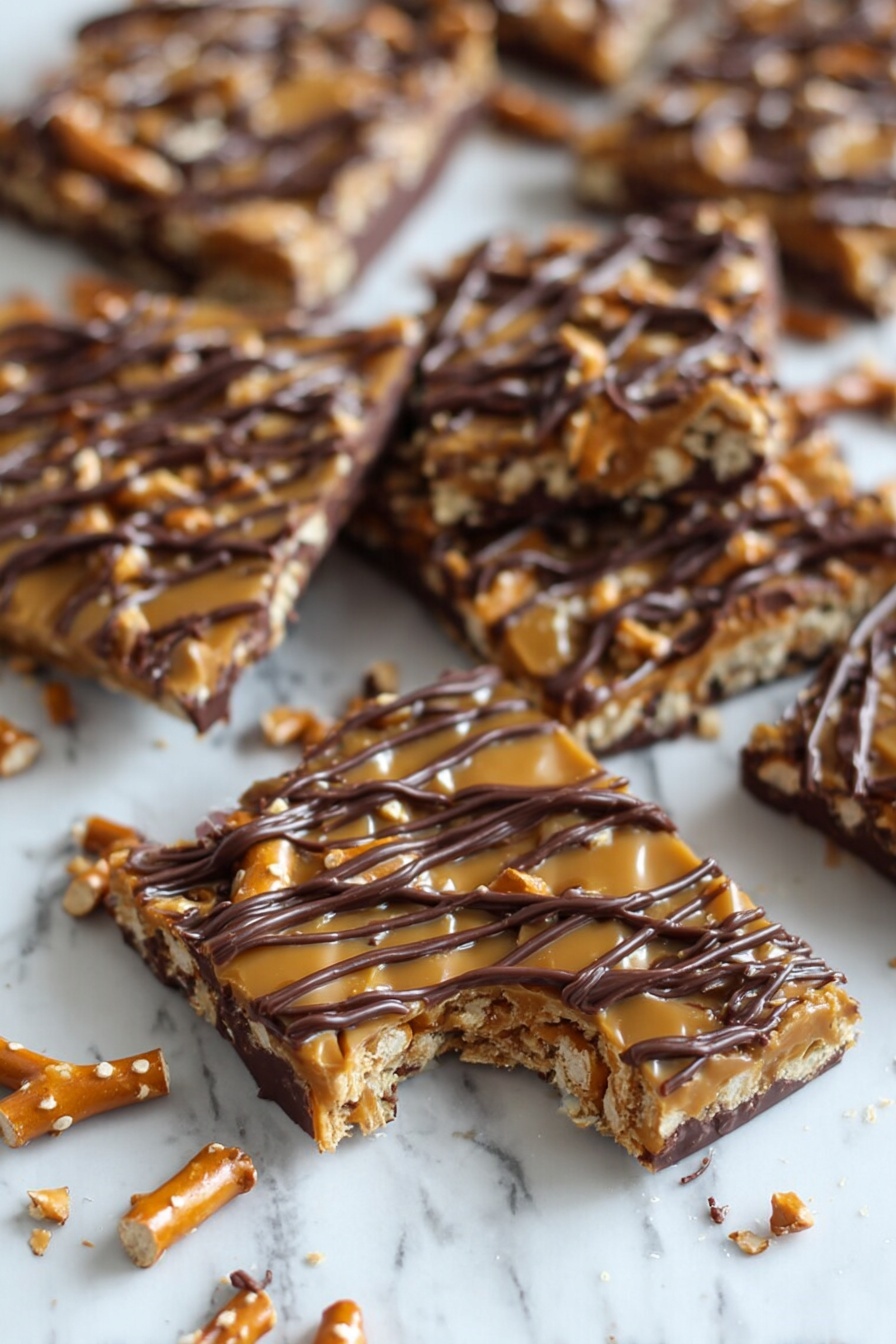Salted Caramel Pretzel Bark, easy salted caramel bark, salty sweet pretzel treats, homemade caramel pretzel brittle, quick holiday dessert - The image shows several square pieces of a dessert bar arranged closely on a white marbled surface. Each piece has a bottom layer of dark chocolate, topped by a crunchy layer of pretzel sticks covered with golden caramel that looks shiny and smooth. The dessert bars are drizzled with thin lines of dark chocolate in a crisscross pattern on top. One piece near the front has a bite taken out, revealing the thick layers inside. Small bits of broken pretzels and chocolate are scattered around the bars. The texture looks crunchy and glossy, with a mix of brown and caramel colors and dark chocolate lines. Photo taken with an iphone --ar 2:3 --v 7