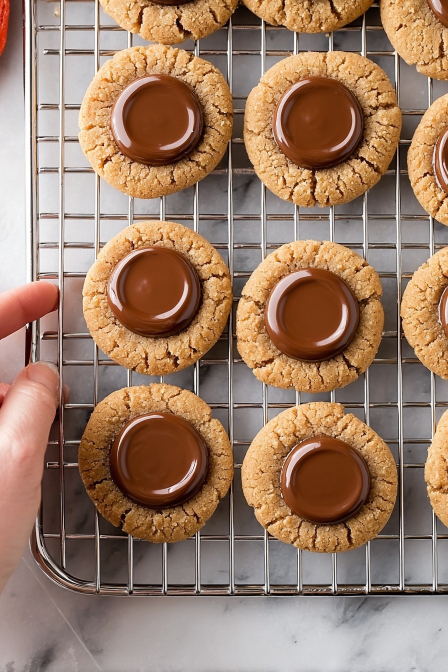 Reese's Peanut Butter Cookie Bites, peanut butter chocolate cookies, no-bake peanut butter treats, easy cookie bites, chocolate peanut butter snack - The image shows a group of round cookies arranged on a cooling rack. Each cookie has a light brown, cracked base with a smooth, glossy circle of milk chocolate on top in the center. The cookies have a textured and slightly crumbly look around the edges, contrasting with the shiny chocolate layer. The cooling rack is placed on a flat surface that has a white marbled texture. A woman's hand is partly visible on the left side of the image, about to hold one cookie. photo taken with an iphone --ar 2:3 --v 7