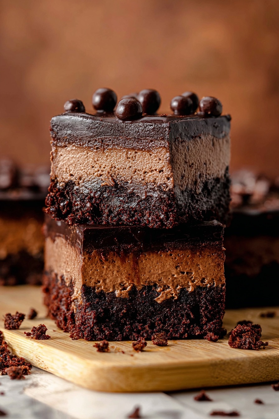 Chocolate Cheesecake Bars with Oreo Crust, Oreo Cheesecake Bars, Chocolate Dessert Recipes, No-Bake Cheesecake with Oreo, Fudgy Oreo Cheesecake Bars - The image shows a thick chocolate dessert with three layers stacked on a white marbled surface. The bottom layer is dark and crumbly, textured like a firm cookie crust. The middle layer is lighter brown, soft, and mousse-like in texture and thickness. The top layer is a smooth, rich, dark chocolate ganache, glossy and shiny, decorated with small round chocolate balls scattered across the surface. One piece is lifted, showing the clean cut between layers, with the ganache dripping slightly on the edges. Photo taken with an iphone --ar 2:3 --v 7