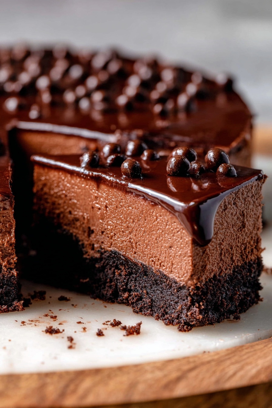 Chocolate Cheesecake Bars with Oreo Crust, Oreo Cheesecake Bars, Chocolate Dessert Recipes, No-Bake Cheesecake with Oreo, Fudgy Oreo Cheesecake Bars - A stack of two thick square chocolate cheesecake brownies, each with three visible layers: a dark chocolate crumb base at the bottom, a dense milk chocolate cheesecake layer in the middle, and a shiny, smooth dark chocolate ganache topped with small round chocolate balls on top. The brownies sit on a light wooden board with some crumbs scattered around, and the background is softly blurred in warm brown tones over a white marbled surface. The photo taken with an iphone --ar 2:3 --v 7