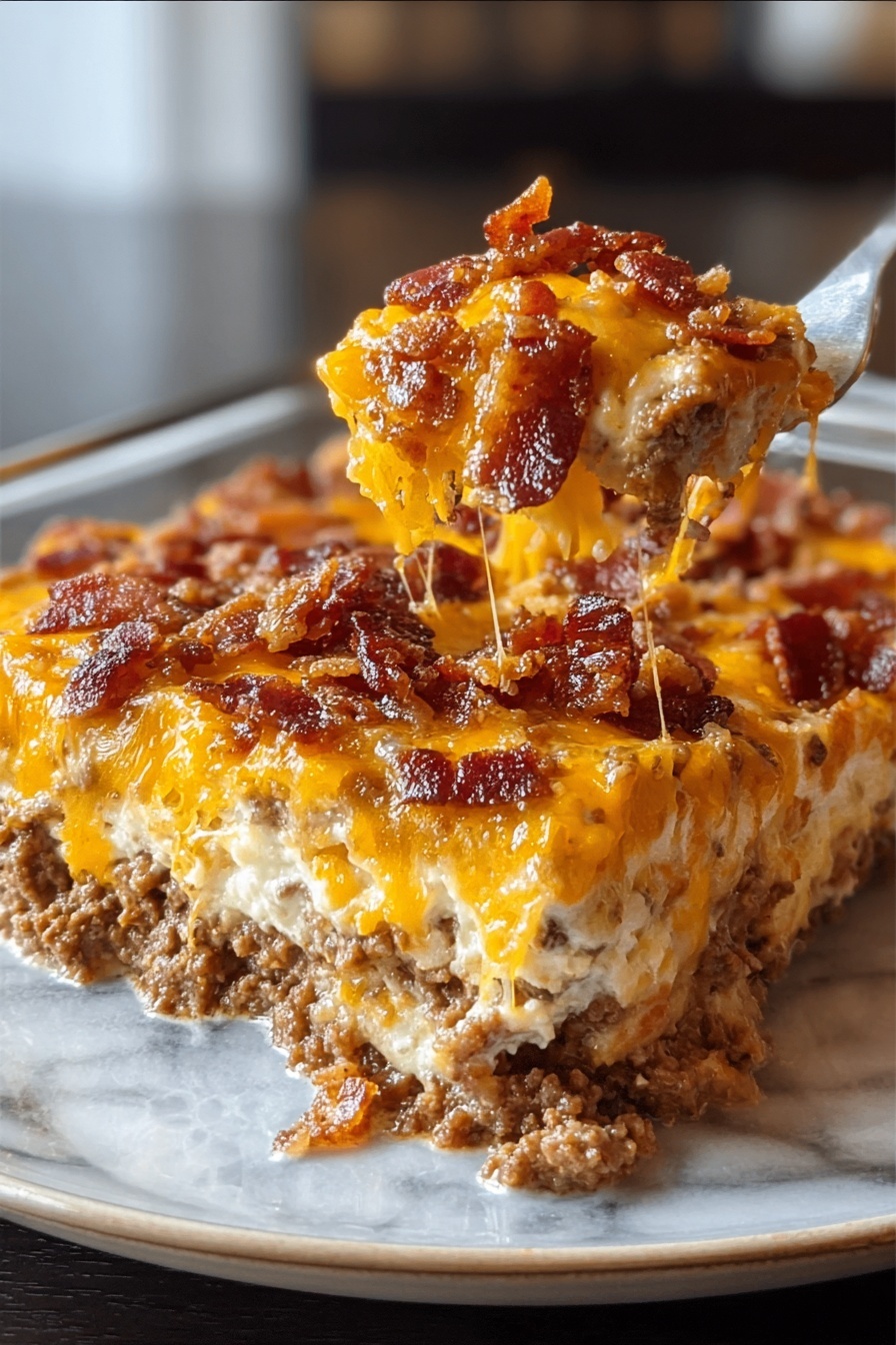 Crack Breakfast Casserole with Sausage and Bacon, breakfast casserole with sausage and bacon, hearty breakfast casserole, sausage bacon breakfast bake, cheesy breakfast casserole - A close-up view of a thick slice of layered casserole on a white plate, resting on a white marbled surface. The dish has three main layers: the bottom and middle layers are creamy and light yellow with a soft, cheesy texture, separated by a dense layer of browned cooked ground meat with a crumbly texture and rich brown color. The top layer is a bright melted orange-yellow cheese, generously topped with small, crispy pieces of bacon in dark reddish-brown hues, adding a crunchy texture contrast. The layers are distinct but slightly blended at the edges, making the dish look hearty and rich. photo taken with an iphone --ar 2:3 --v 7