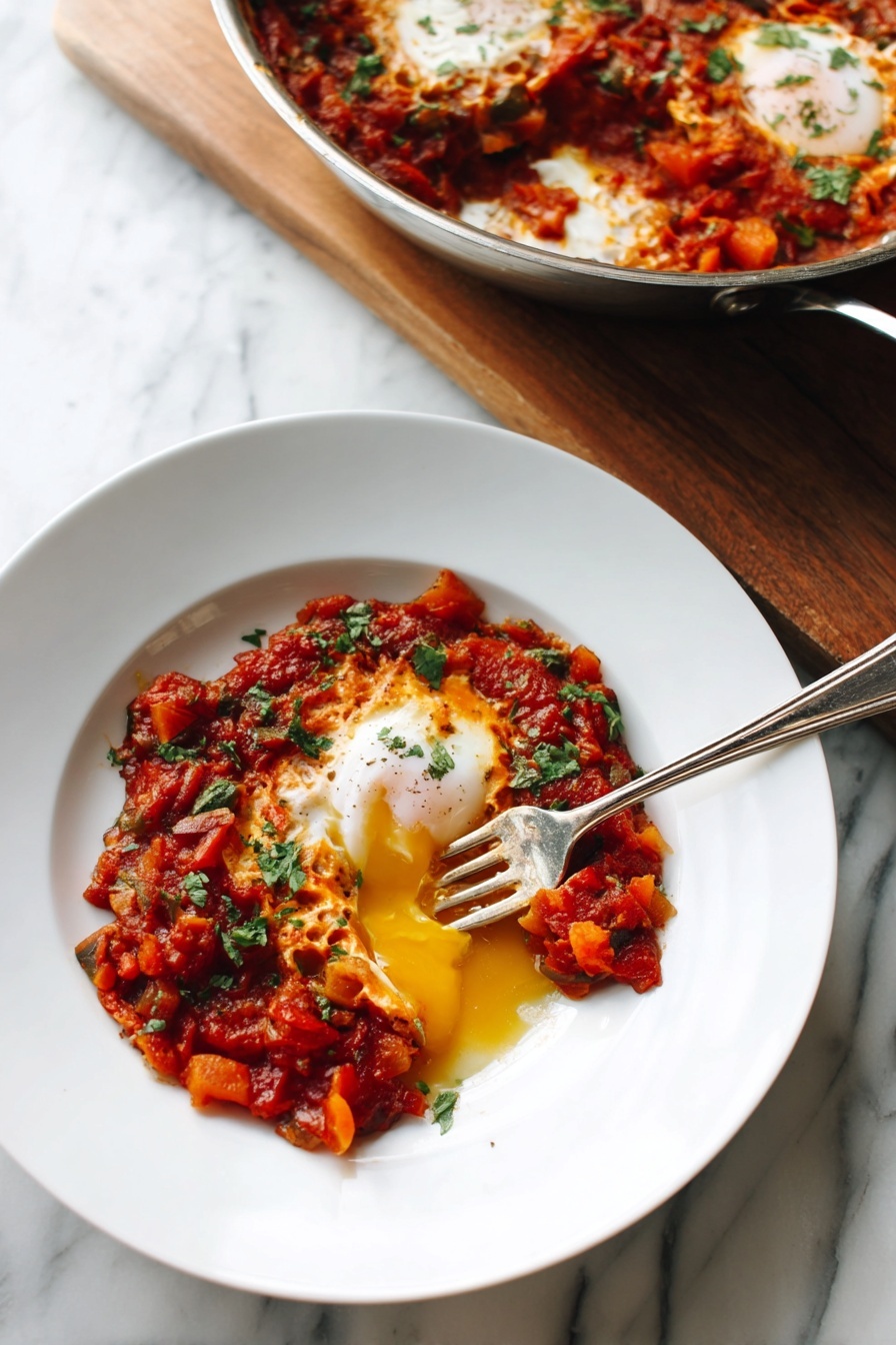 Easy Traditional Shakshuka, shakshuka recipe, Middle Eastern egg dish, North African brunch, one-pan breakfast - A white pan filled with three visible cooked eggs with bright yellow yolks sitting on a thick layer of red tomato sauce mixed with chunks of cooked vegetables and spices. Fresh green herbs are sprinkled on top of the eggs and sauce, adding contrast. A large silver spoon is resting inside the pan, scooping some sauce near one egg. In the blurred background, there are stacks of white plates and a bunch of fresh green herbs on a white marbled surface. Photo taken with an iphone --ar 2:3 --v 7