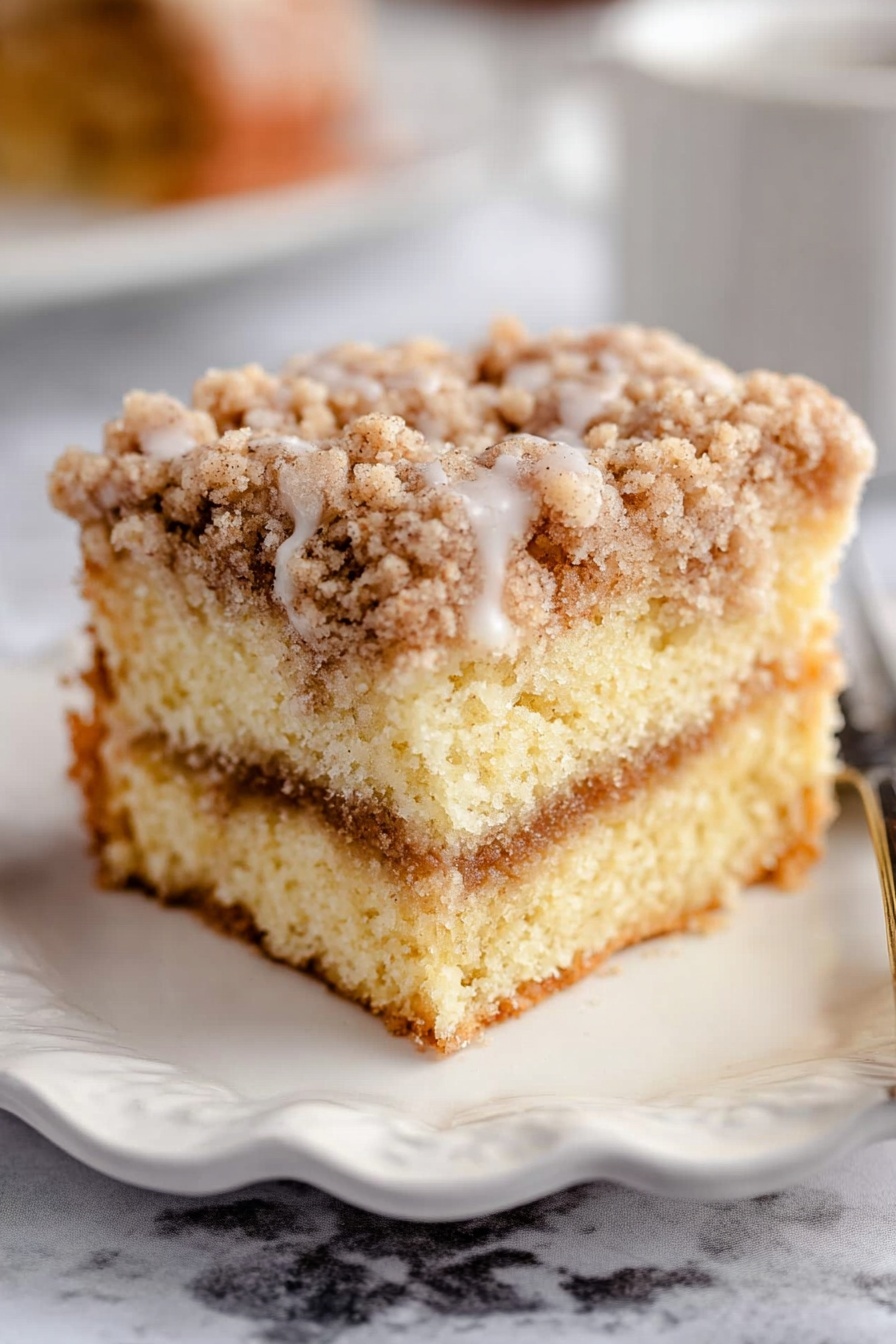Sour Cream Coffee Cake with Streusel, best coffee cake recipes, moist coffee cake, easy streusel coffee cake, comforting breakfast cake - A single square piece of crumb cake sits on a white scalloped plate, placed on a white marbled surface. The cake has three layers: the bottom and top layers are light golden yellow and soft, the middle layer is a thin strip of brown filling, and the top layer is covered with a crumbly streusel topping that is golden brown. A light white glaze drizzles unevenly down the sides of the cake, adding a shiny texture. The background is softly blurred, keeping the focus on the cake. photo taken with an iphone --ar 2:3 --v 7