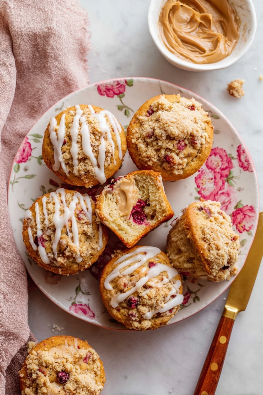 Cranberry Orange Muffins, easy cranberry orange muffin recipe, healthy cranberry muffin ideas, fall breakfast muffins, citrus cranberry baked goods - The image shows six golden-brown muffins on a white plate with pink floral patterns. Four muffins have crumbly streusel topping with white icing drizzled over, and two muffins have visible pieces of red berries inside. One muffin is broken open, revealing a soft, moist inside with berries and a dollop of light brown spread on top. Next to the plate is a small white bowl filled with the same light brown spread and a gold knife with a wooden handle resting on the white marbled surface nearby. The background features a white marbled texture with a folded light pink cloth in the corner. Photo taken with an iphone --ar 2:3 --v 7