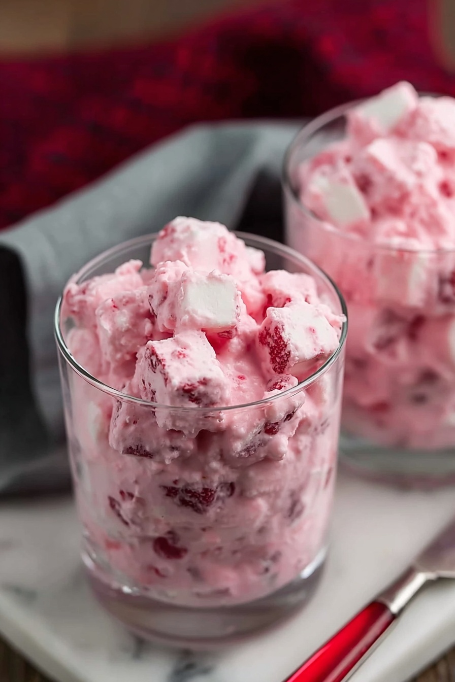 Cranberry Fluff Salad, festive salad recipes, holiday fruit salad, creamy cranberry dessert, easy holiday side dishes - Two clear glasses filled with a creamy pink dessert are shown. The dessert has small white and pink cube shapes mixed with some red pieces, giving it a chunky texture. The pink cream coats the pieces fully, making the dessert look soft and fluffy. The glasses are placed on a white marbled surface with a blurred dark red cloth and a gray folded towel in the background. A silver knife with a red handle lies near the glasses. The focus is on the front glass with the second slightly out of focus behind it. photo taken with an iphone --ar 2:3 --v 7
