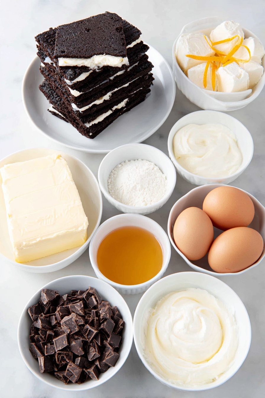Chocolate Orange Cheesecake, chocolate orange dessert, citrus cheesecake recipe, easy holiday cheesecake, creamy fruit cheesecake - Flat lay of a stack of about 20 whole Oreo cookies with visible cream filling, a small pile of golden melted butter pooling slightly, a smooth block of soft cream cheese, a dollop of pale sour cream, a small white bowl filled with fine caster sugar, a few bright orange zest strips curled neatly, a small white bowl with fresh orange juice, a small white bowl with clear vanilla extract, three large whole brown eggs with clean shells, a heap of finely chopped dark chocolate pieces, a small white bowl of thick heavy cream, and a small white bowl with golden honey, placed on a clean white marble surface, soft natural light, photo taken with an iPhone, professional food photography style, fresh ingredients, white ceramic bowls, no bottles, no duplicates, no utensils, no packaging --ar 2:3 --v 7 --p m7354615311229779997