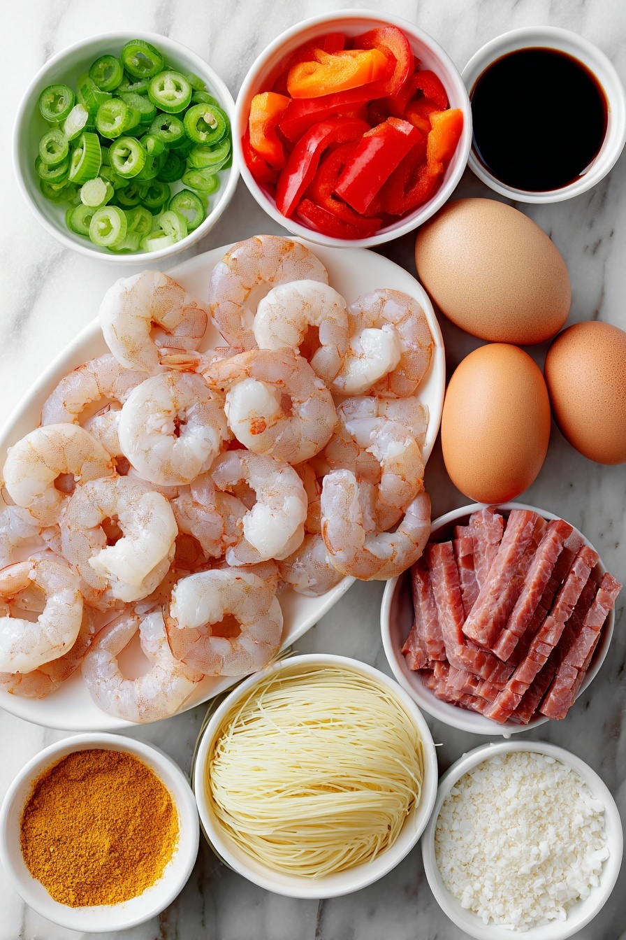 Singapore Noodles with Shrimp and Curry, quick Asian noodle dish, spicy shrimp stir-fry, easy curry noodle recipe, flavorful seafood noodle dish - Flat lay of fresh medium raw shrimp with translucent shells, two whole uncracked brown eggs, thinly sliced yellow onion half, four whole garlic cloves, a small piece of fresh ginger root with a bit grated, thinly sliced Chinese barbecue pork (Char Siu) arranged neatly, one cup of bright red bell pepper chunks, a few thinly sliced hot green chili peppers, a small pile of dried rice vermicelli noodles, and three small white ceramic bowls containing soy sauce, Chinese cooking wine, and a golden curry powder mixed with white pepper and sugar, all placed in perfect symmetry on a clean white marble surface, soft natural light, photo taken with an iPhone, professional food photography style, fresh ingredients, white ceramic bowls, no bottles, no duplicates, no utensils, no packaging --ar 2:3 --v 7 --p m7354615311229779997