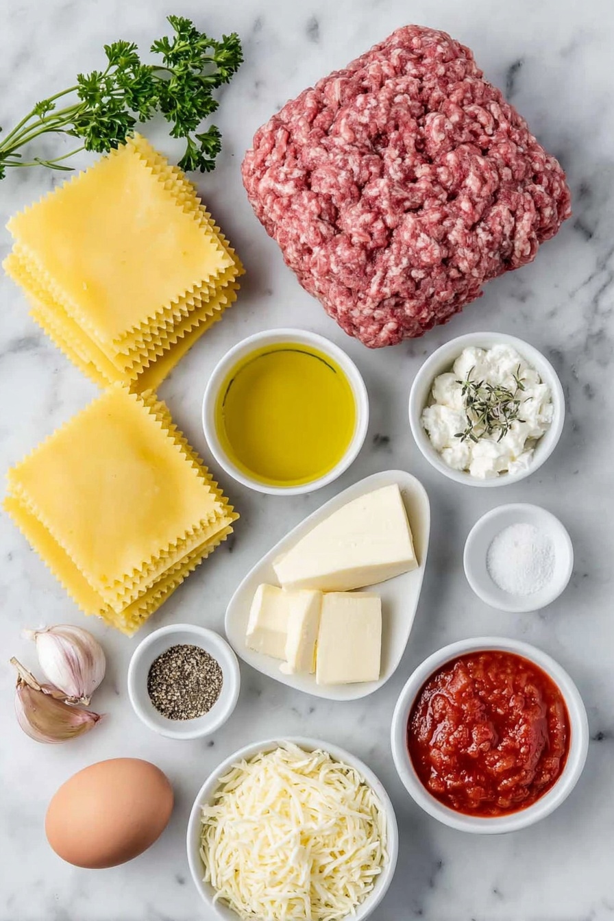 Easy Beef Lasagna, classic beef lasagna, homemade lasagna recipe, comforting dinner ideas, easiest lasagna for beginners - Flat lay of fresh ground beef in a neat mound, one medium diced onion in small white ceramic bowl, two whole uncracked brown garlic cloves, a small white bowl filled with dry red wine, a small white bowl of golden olive oil, a small white bowl with bright red marinara sauce, a small white bowl containing coarse sea salt, a small white bowl with ground black pepper, a small white bowl holding dried thyme, a small white bowl with granulated sugar, fresh parsley sprigs, nine cooked al dente flat rectangular lasagna noodles neatly stacked, a simple white ceramic bowl with creamy low-fat cottage cheese, a simple white ceramic bowl with smooth reduced fat ricotta cheese, one large whole uncracked egg with clean shell, a small white bowl holding shredded mozzarella cheese, all ingredients arranged symmetrically with perfect proportions placed on a clean white marble surface, soft natural light, photo taken with an iPhone, professional food photography style, fresh ingredients, white ceramic bowls, no bottles, no duplicates, no utensils, no packaging --ar 2:3 --v 7 --p m7354615311229779997