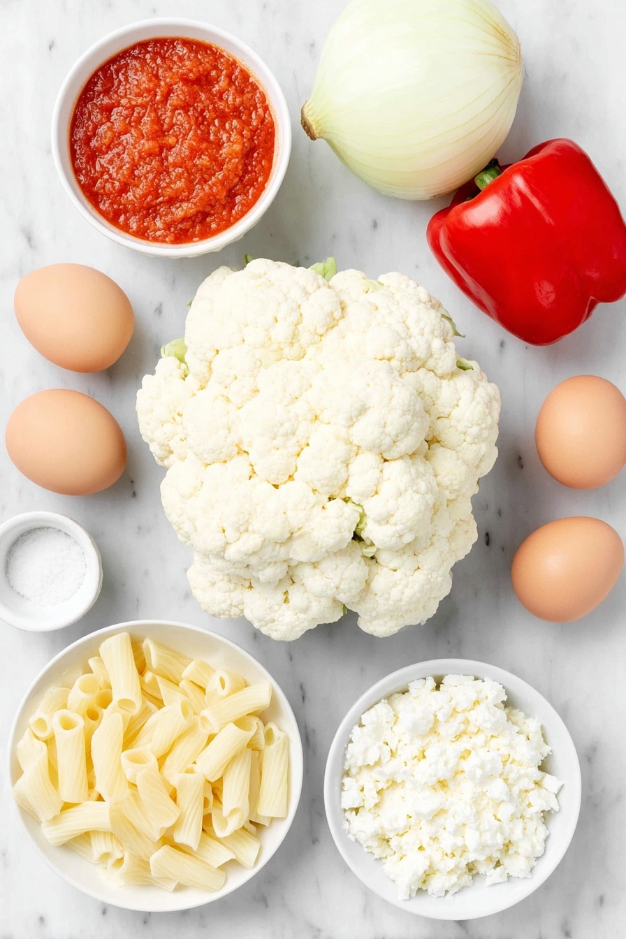 Baked Ziti with Roasted Vegetables, Healthy baked ziti with vegetables, Vegetarian baked pasta dish, Comforting baked ziti recipe, Easy baked ziti with roasted veggies - Flat lay of a medium head of fresh cauliflower cut into bite-sized florets, a whole vibrant red bell pepper cut into 1-inch squares, a medium yellow onion sliced into wedges about half an inch wide, two whole uncracked brown eggs with clean shells, a few sprigs of fresh chopped basil, a small white ceramic bowl of bright red marinara sauce, a small white ceramic bowl filled with extra-virgin olive oil, a small white ceramic bowl with fine salt, a handful of ziti pasta tubes, a small white ceramic bowl of grated part-skim mozzarella cheese, and a small white ceramic bowl of cottage cheese, all arranged symmetrically and balanced, placed on a clean white marble surface, soft natural light, photo taken with an iPhone, professional food photography style, fresh ingredients, white ceramic bowls, no bottles, no duplicates, no utensils, no packaging --ar 2:3 --v 7 --p m7354615311229779997